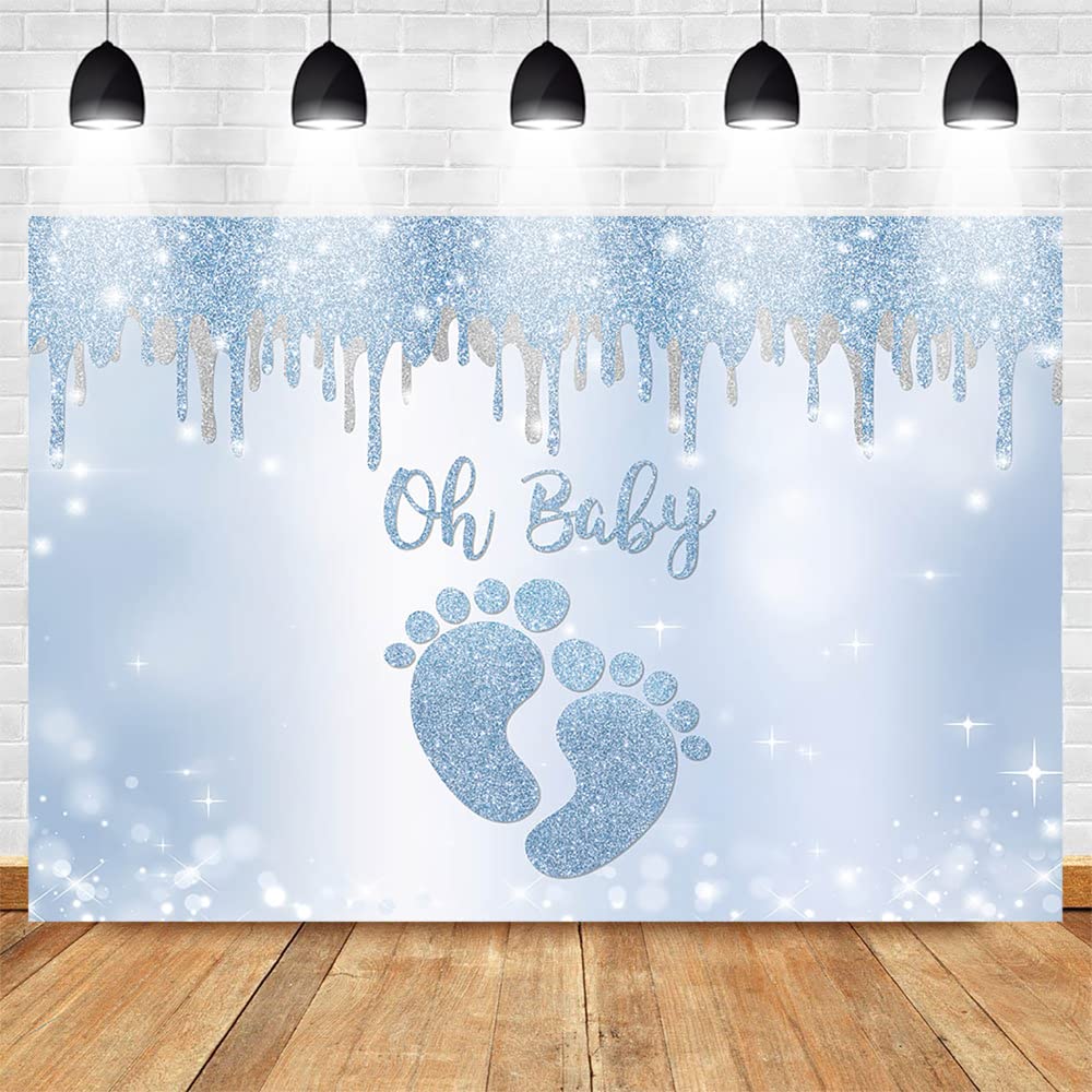 Blue Silver Oh Baby Backdrop with Little Feet - 8x6ft Baby Shower Background for Boys, Footprint Party Decor, Photo Booth Banner - Perfect for Baby Showers, Gender Reveals & Newborn Photography