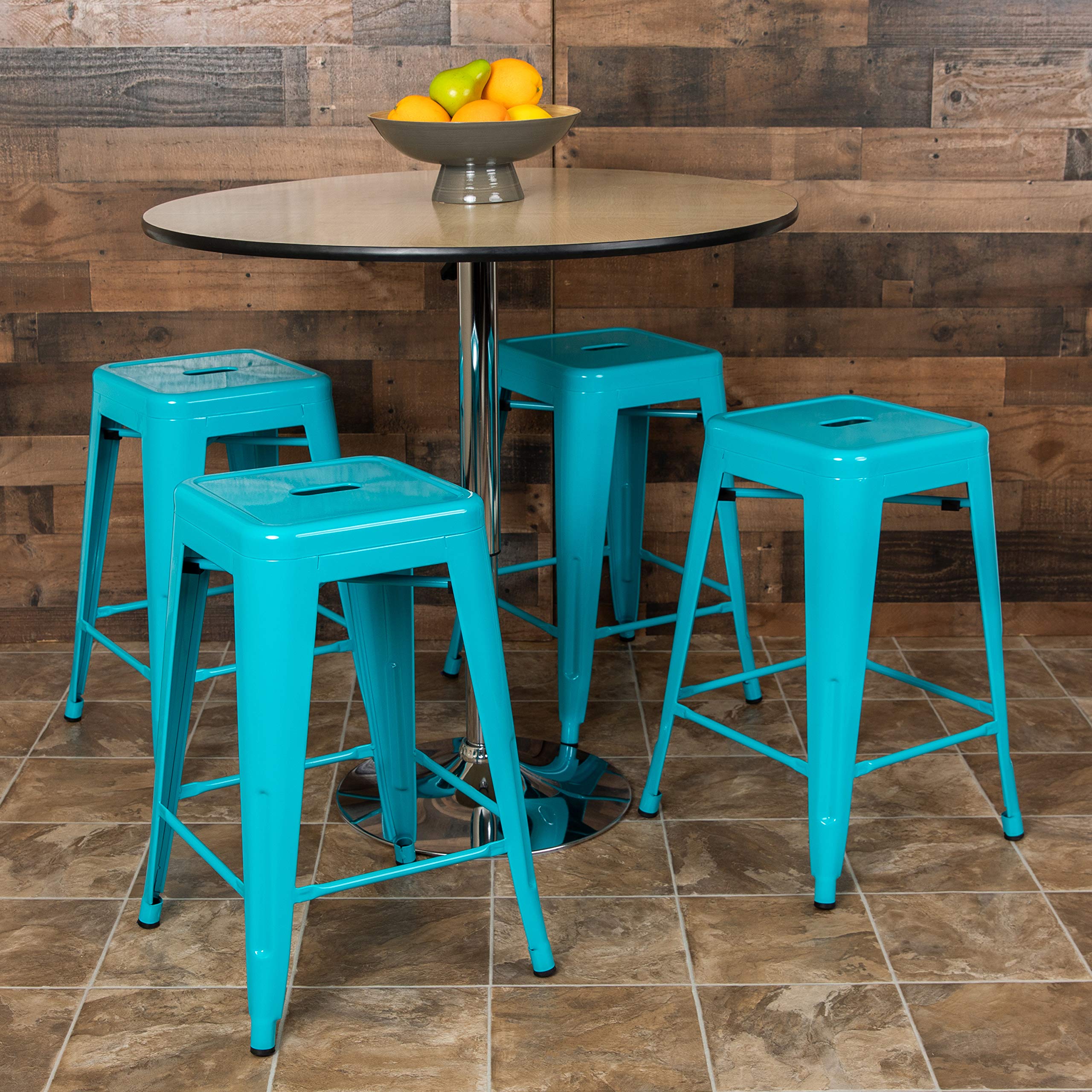 EMMA + OLIVER 4 Pack 24 Inch High Metal Indoor Counter Bar Stools - Stackable Kitchen Stools in Teal, Perfect for Home Bars, Kitchen Islands, and Breakfast Nooks