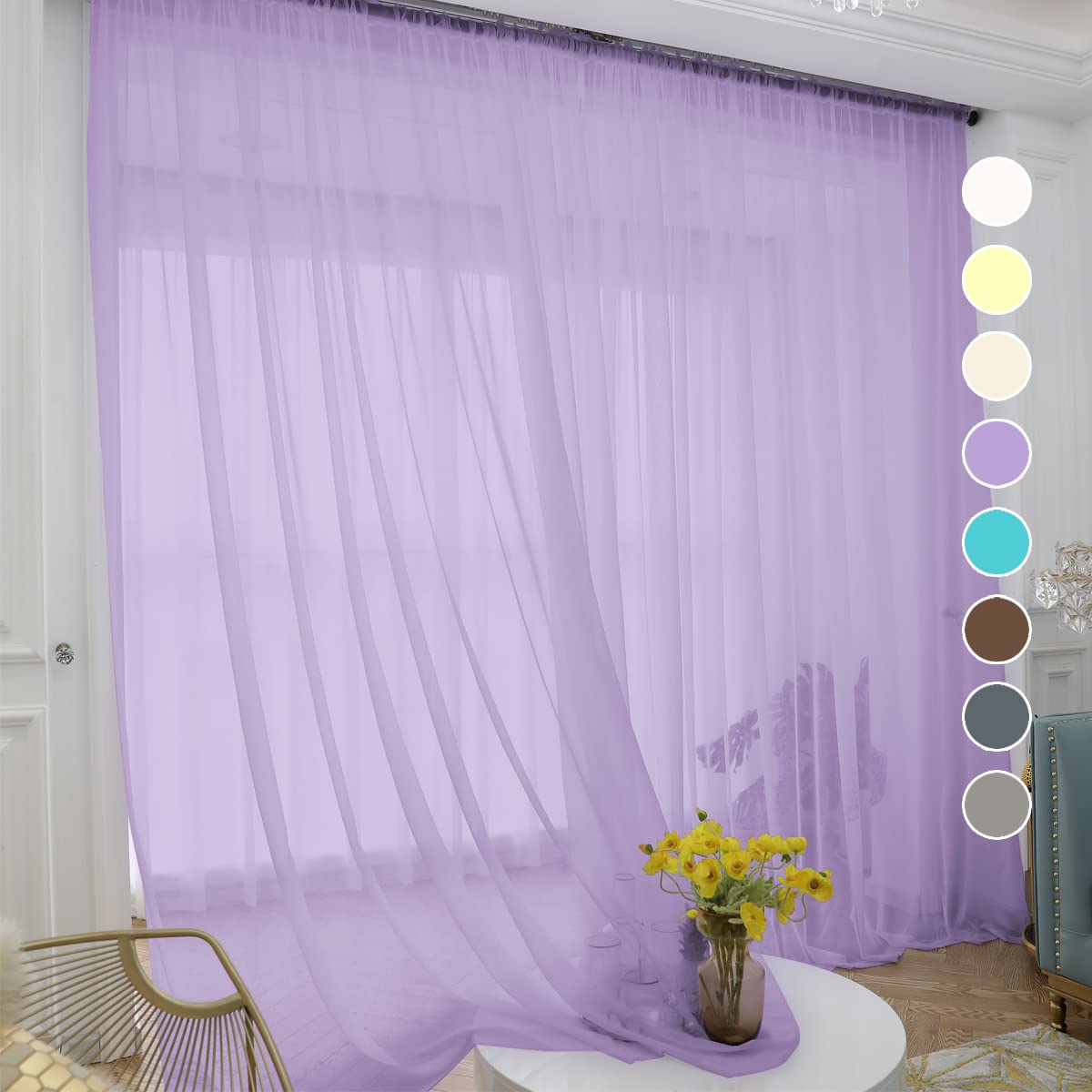 Purple Sheer Curtains 95 Inches Long - 2 Panels Voile Semi-Sheer Window Drapes with Rod Pocket for Kitchen, Bedroom & Living Room (52