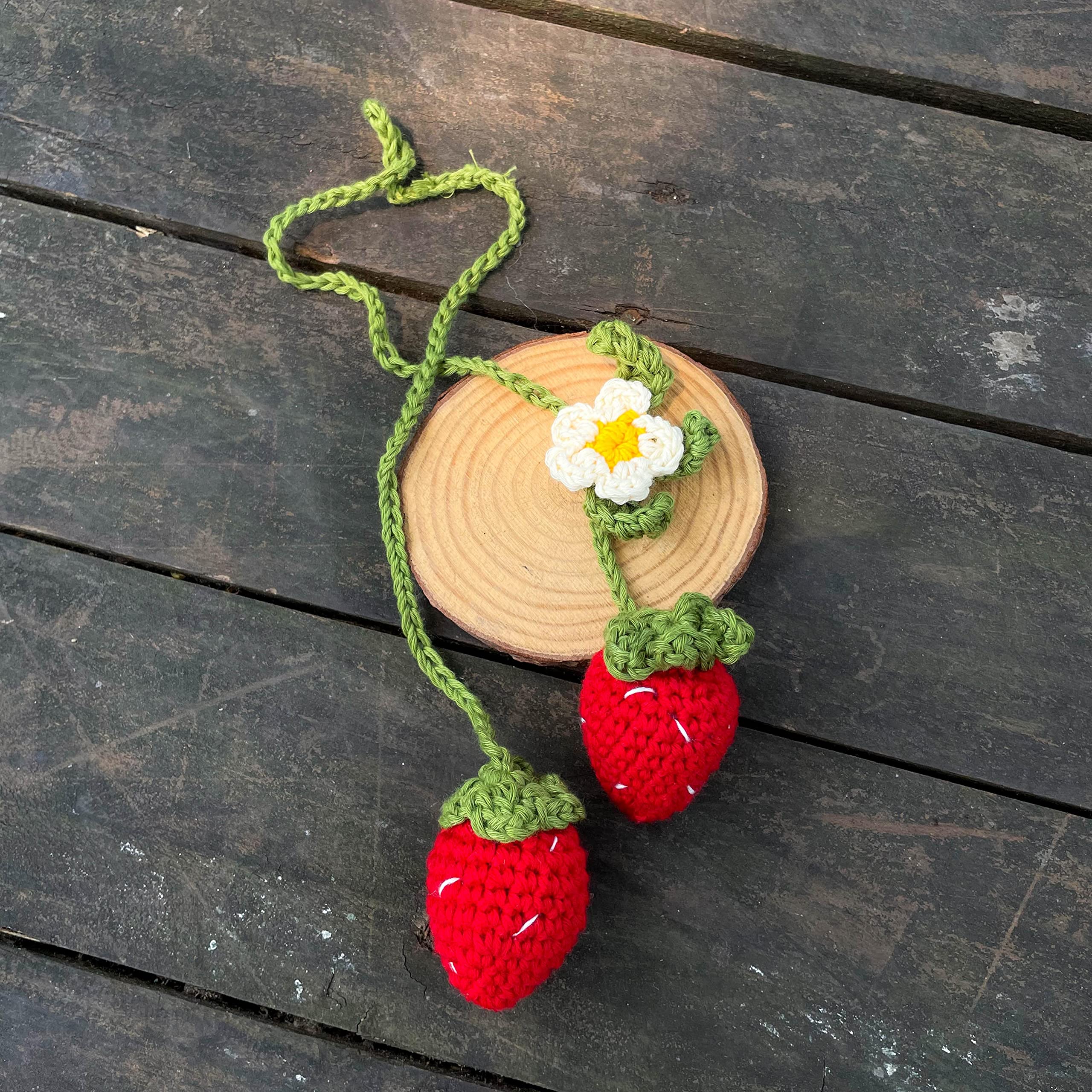 Handmade Bunny Crochet Strawberry Car Hanging Ornament - Adjustable Rear View Mirror Charm, Cute Bag Accessory & Keychain Decor for Car, Purse, Backpack (Perfect Gift for Easter, Spring)