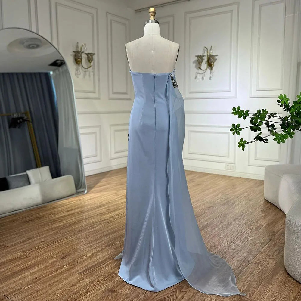 Elegant Blue Satin Mermaid Evening Dress with Beaded Cape Sleeve & High Slit - One Shoulder Party Gown for Women | Perfect for Prom, Gala & Formal Events - SERENE HILL LA72504