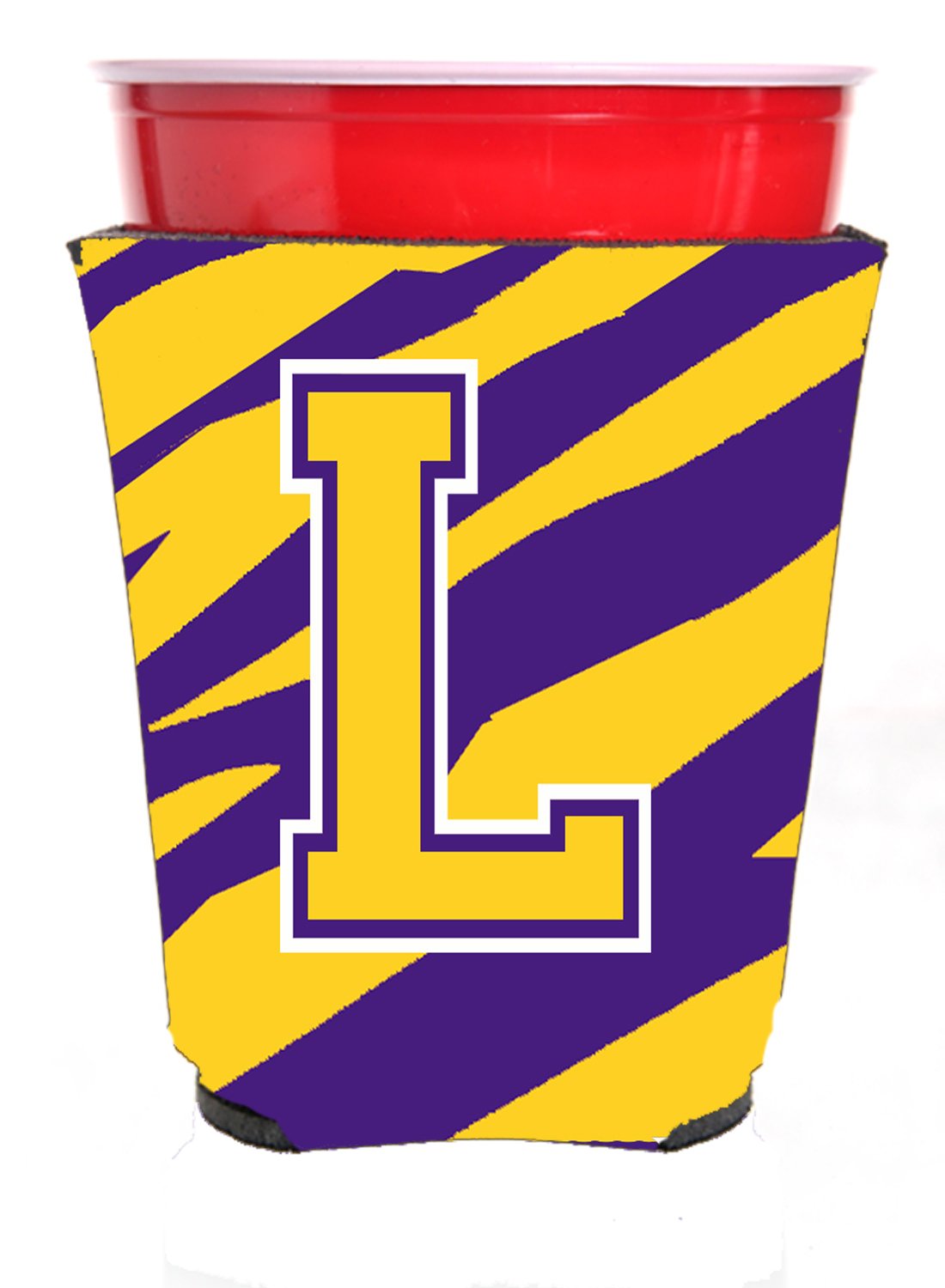 Purple & Gold Monogram Letter L Tiger Stripe Solo Cup Beverage Insulator - Personalized Drink Hugger for Parties, Tailgates & Outdoor Events