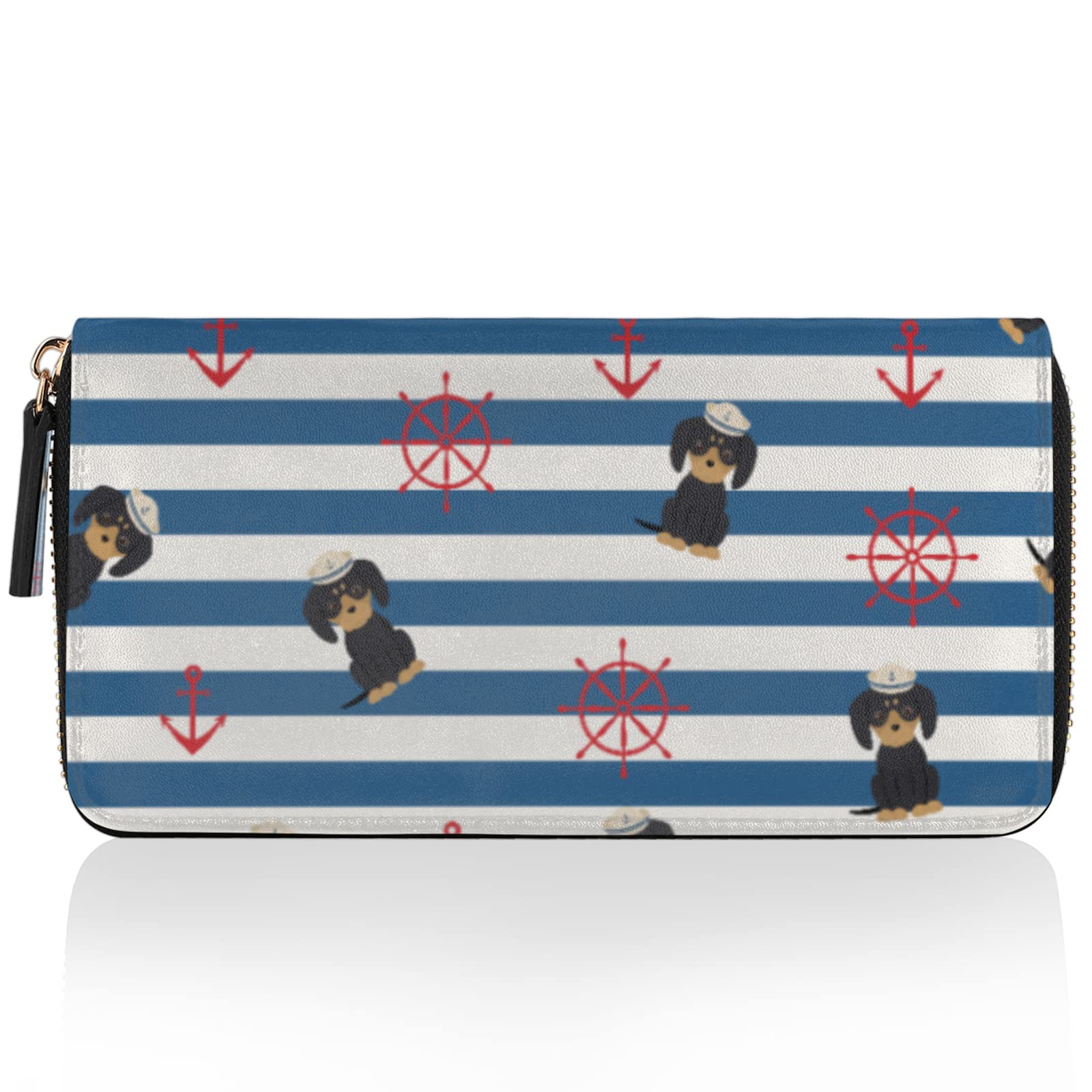Stylish Women's Leather Wallet with Puppy & Nautical Prints - Large Credit Card Holder, Coin Purse & Zippered Phone Clutch | Slim RFID Blocking Bifold Wallet for Everyday Use, Travel & Gift Giving