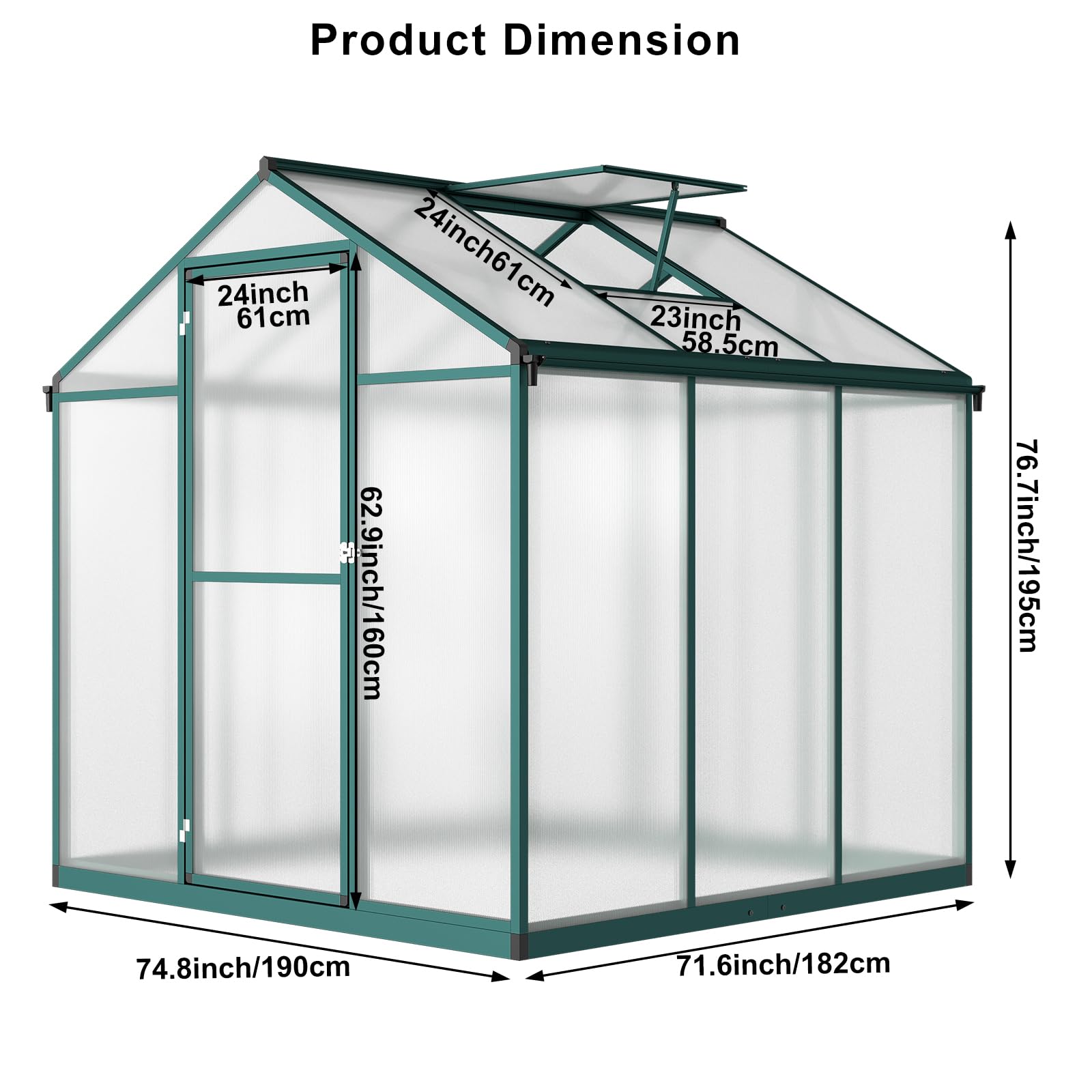 6.25 x 6 Ft Outdoor Greenhouse with Quick Assembly - Aluminum Alloy Frame & Polycarbonate Panels - Includes 24