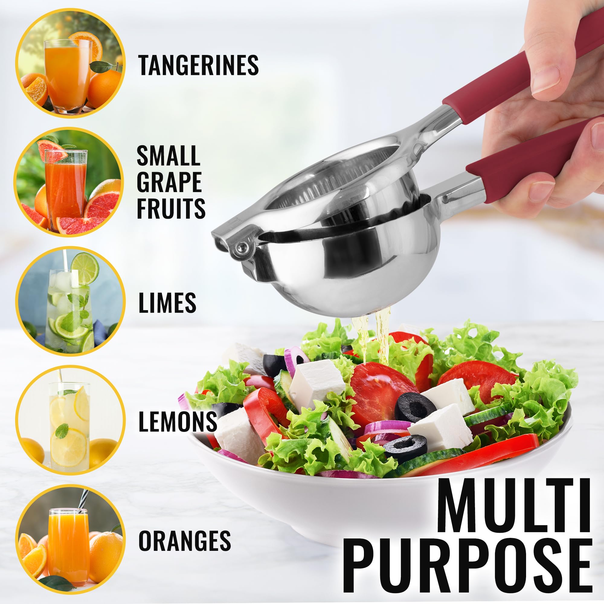 Premium Stainless Steel Lemon Squeezer - Heavy Duty Manual Citrus Juicer with Solid Metal Bowl & Food Grade Silicone Handles - Large Lime & Orange Press (Cranberry) - Perfect for Fresh Juice, Cocktails, Baking & Healthy Drinks