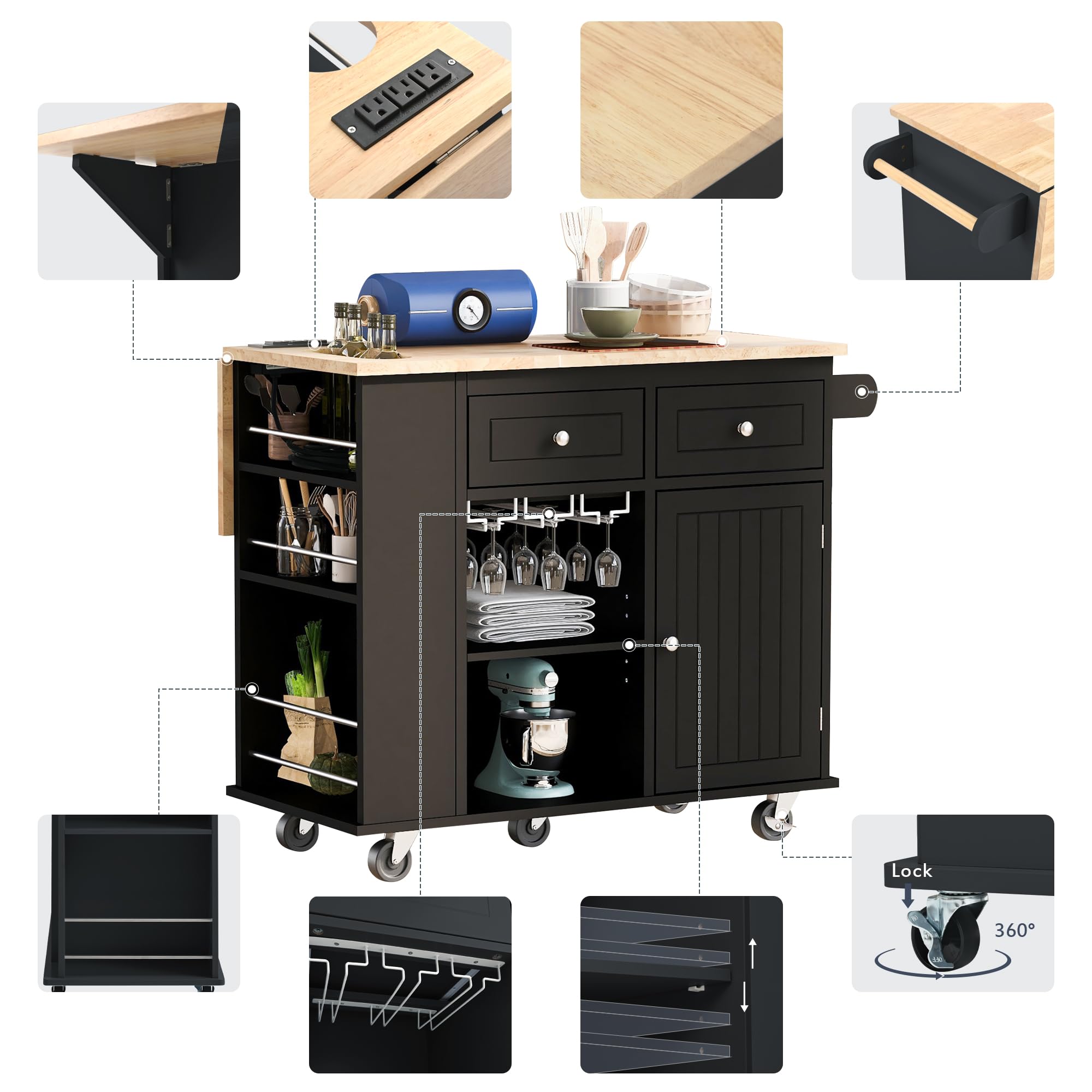 Black Kitchen Island Cart with Power Outlet, Drop Leaf & Rubber Wood - Open Storage, Wine Rack & 5 Casters - Adjustable Storage Organizer for Home Kitchen & Dining Room - Perfect for Small Spaces, Entertaining & Meal Prep