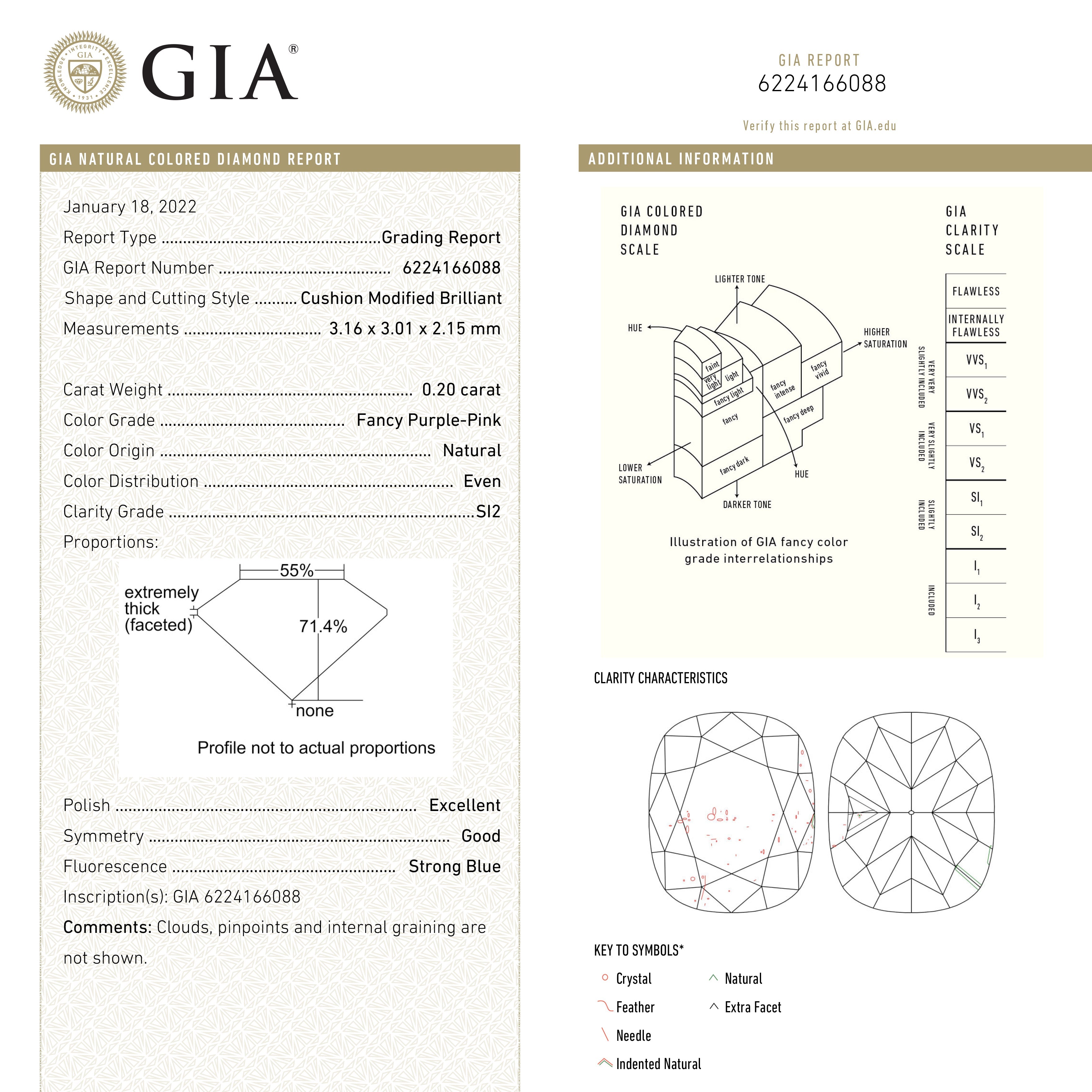 0.20ct GIA Certified Fancy Purple Pink Cushion Cut Diamond (3.16x3.01x2.15mm) - SI2 Clarity for Engagement Rings & Fine Jewelry