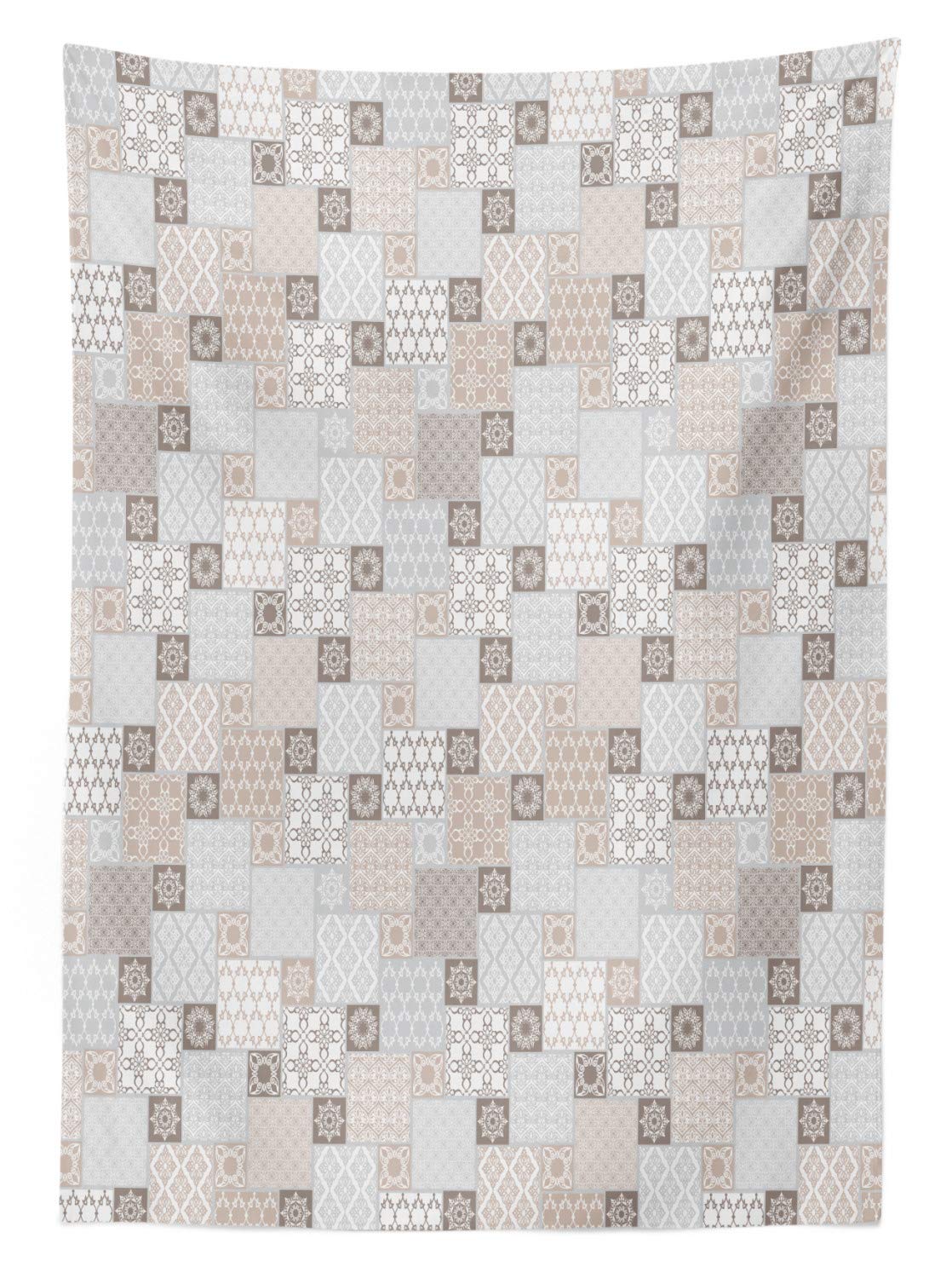 Ambesonne Asian Outdoor Tablecloth - Oriental Checkered Grid Patchwork Design, Washable Picnic Table Cover 58x84 Inches in Grey Tan Taupe - Perfect for Garden Parties, BBQs, and Outdoor Dining