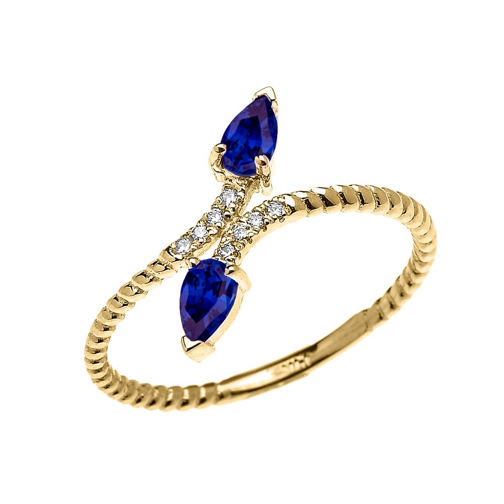 14K Yellow Gold Dainty Two Stone Pear Shape Sapphire and Diamond Rope Design Promise/Stackable Ring for Women - Elegant Jewelry Gift for Anniversary, Engagement, Wedding & Everyday Wear