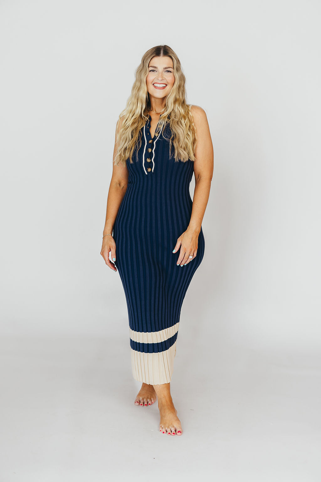 Jovie Women's Sleeveless Ribbed Maxi Dress with Button Front - Navy Blue Summer Beach Dress for Vacation, Date Night & Casual Outings