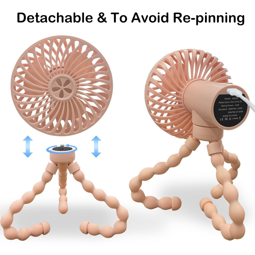 Portable Clip-on Stroller Fan with 3000mAh Battery - 3 Speed Adjustable, 4-12 Hours Runtime - Flexible Tripod for Baby Crib, Desk, Bike, Treadmill & Travel - Perfect for Outdoor Activities, Camping & Car Seats (Pink)