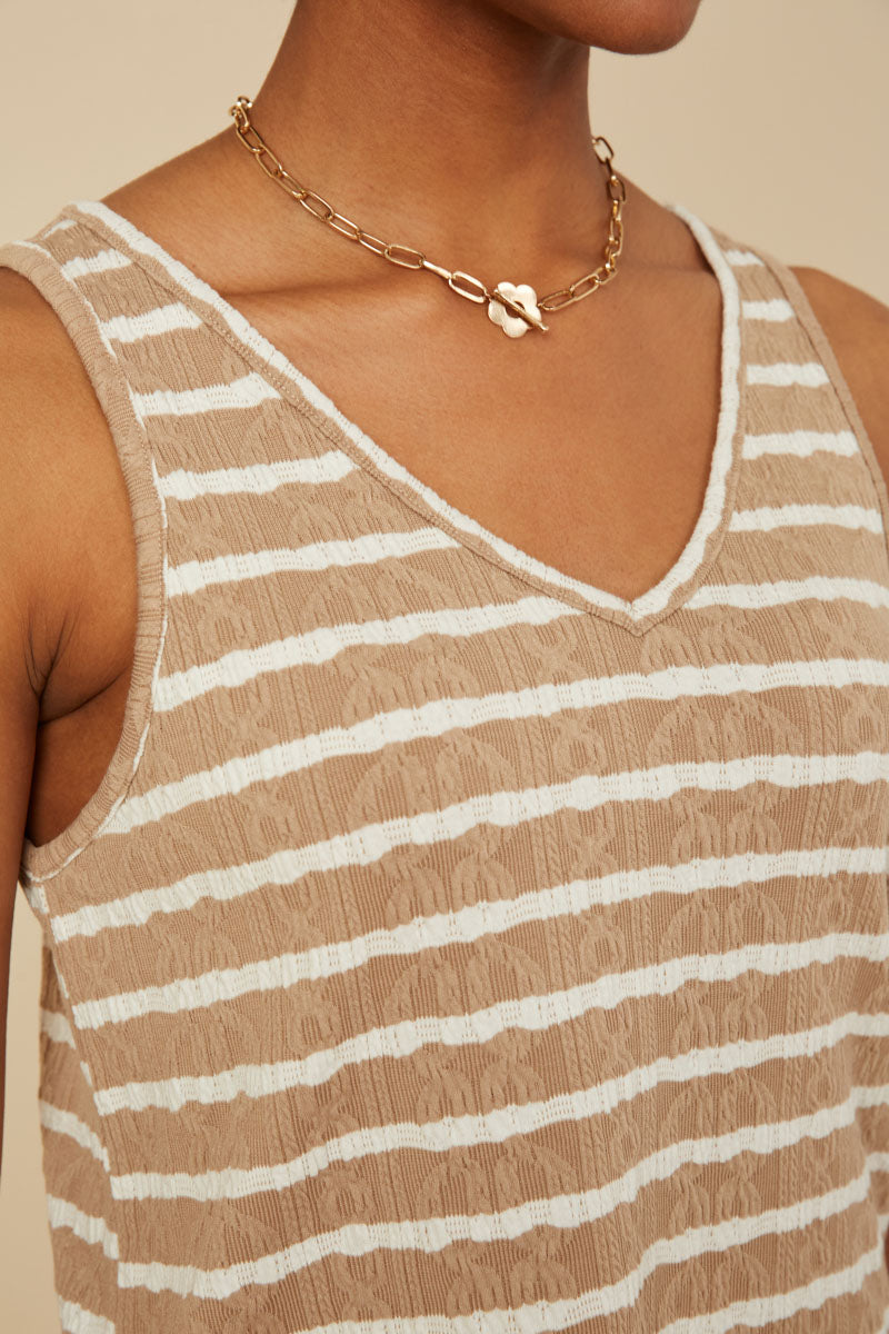 Women's Cable Knit Striped V-Neck Tank Top - Soft Textured Summer Casual Wear for Beach, Travel & Everyday Outfits