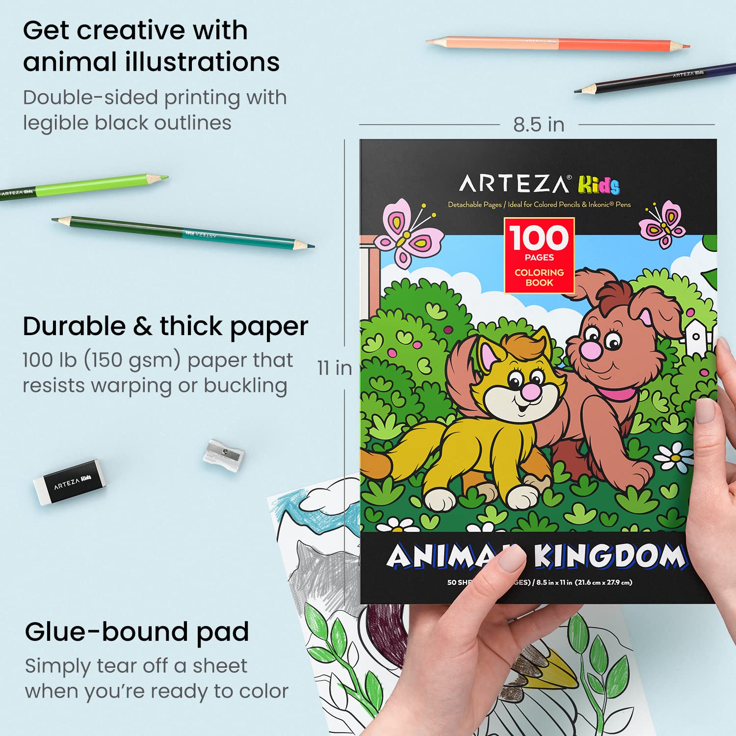 ARTEZA Kids Coloring Book with Colored Pencils - Animal Kingdom, 50 Sheets for Creative Fun