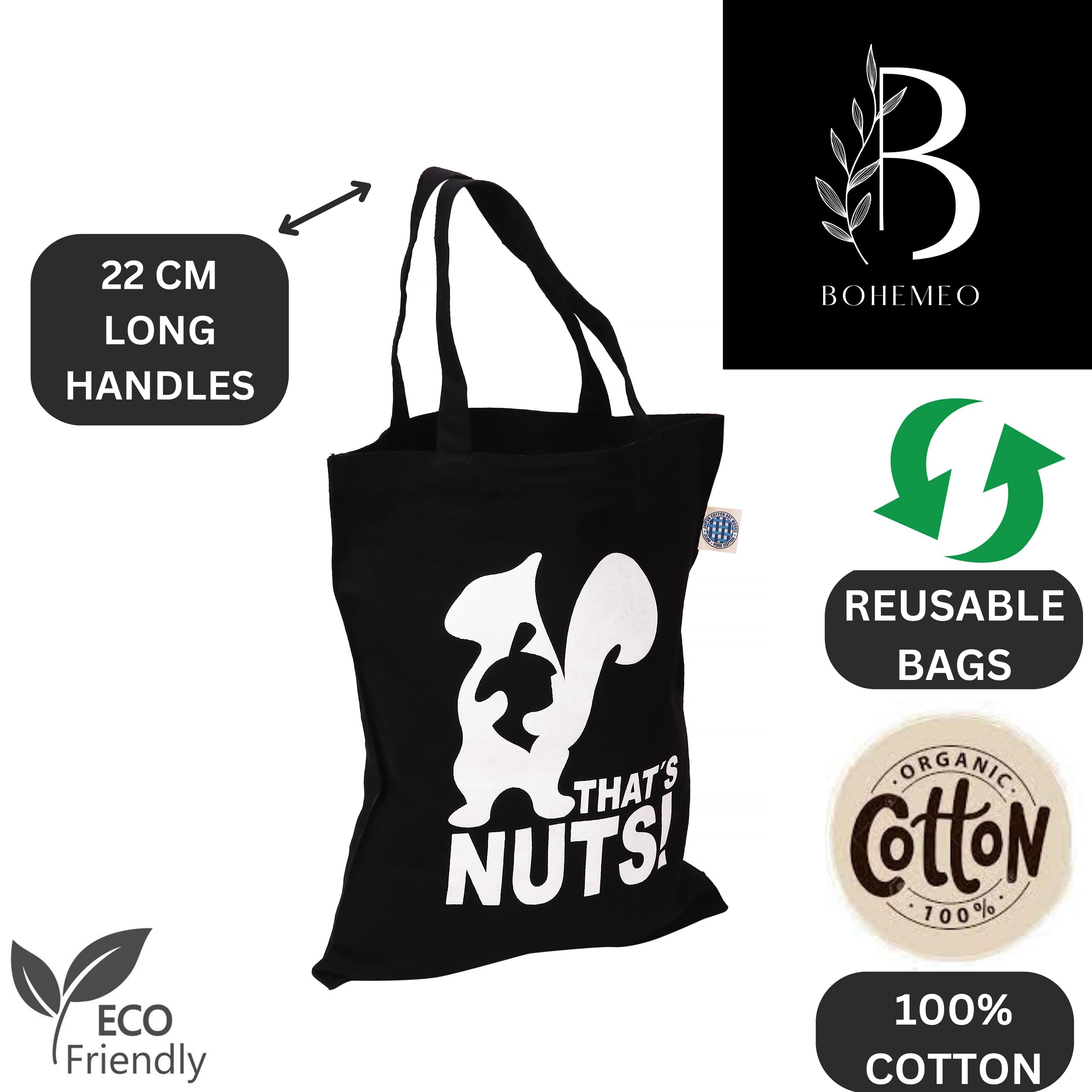 BOHEMEO Reusable Organic Cotton Tote Bags for Women - Eco-Friendly Canvas Shoulder Bag with Stylish Printed Designs (Owl & That's Nuts) - Perfect for Grocery Shopping, Beach Trips & Daily Use
