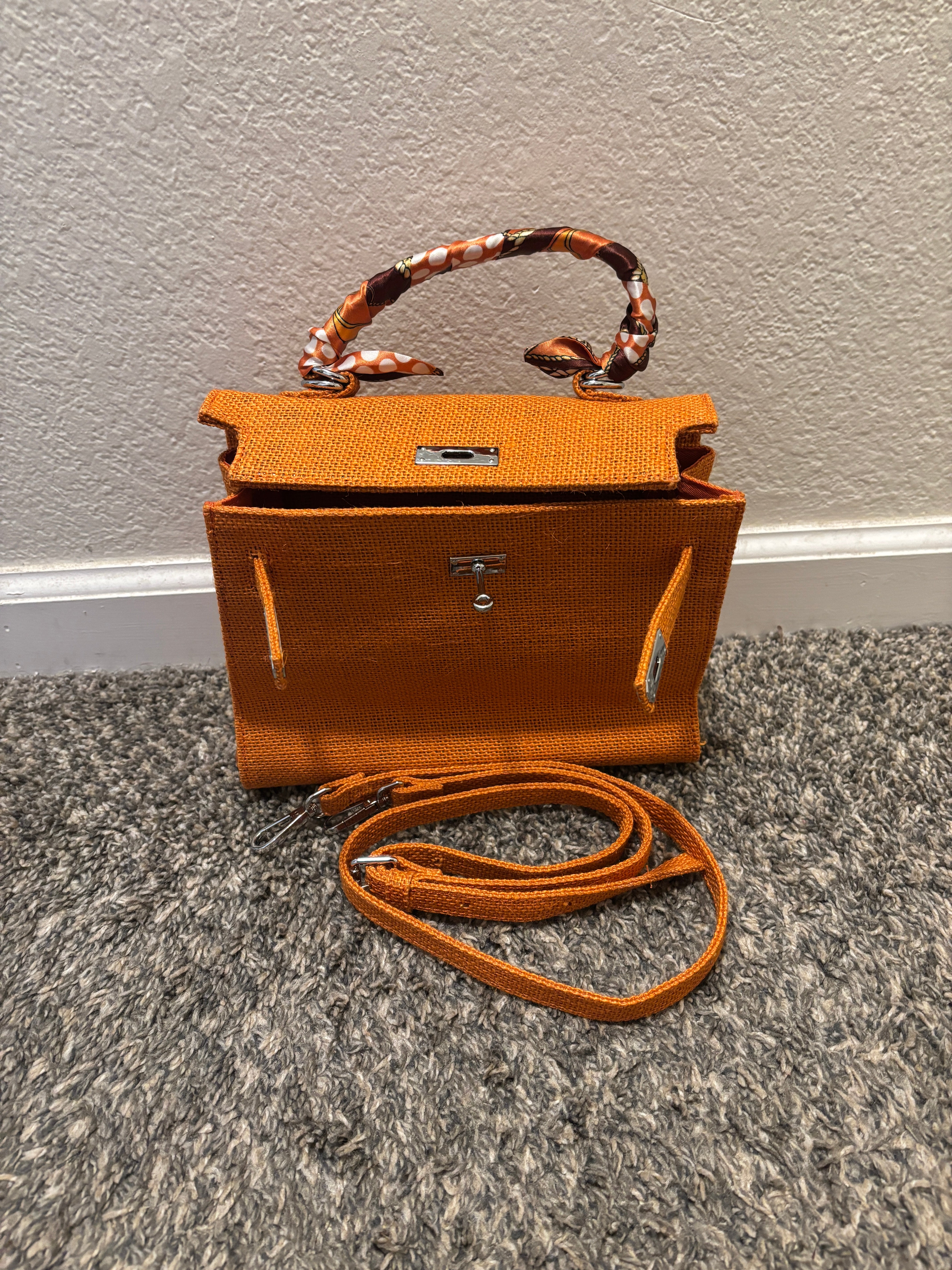 French Style Jute Mini Crossbody Bag for Women - Orange Eco-Friendly Tote & Shoulder Bag | Perfect for Beach, Shopping & Casual Outings