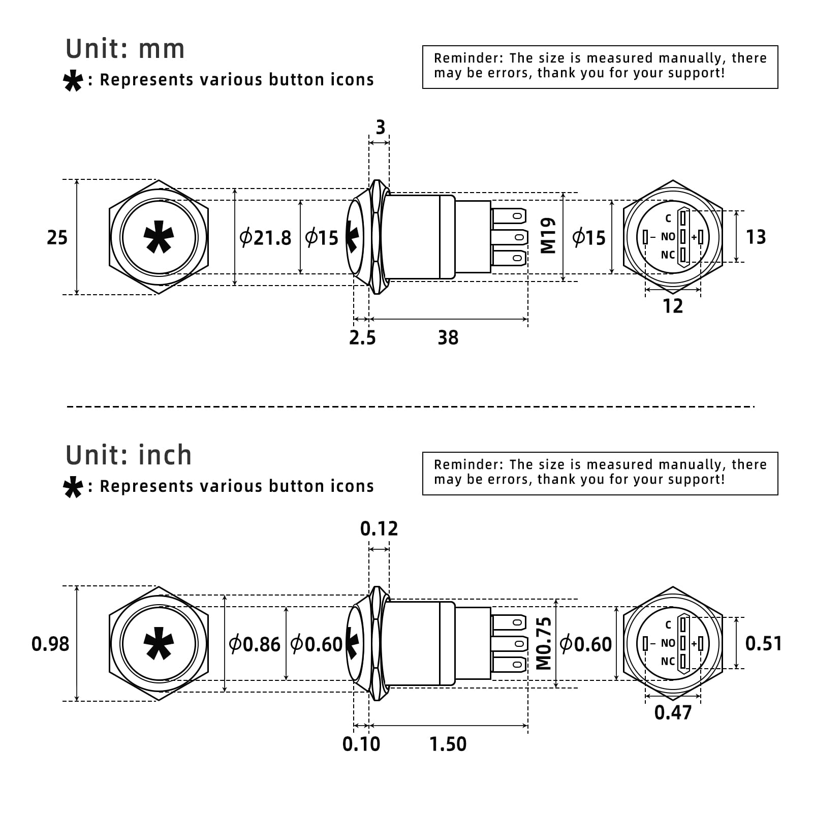 19mm Latching Metal Push Button Switch with Light Bulb Symbol - White LED Illumination, 5-Pin Waterproof Self-Locking Switch (12V/24V) with Cable Socket - Perfect for Marine, Industrial Equipment & Automotive Control Panels