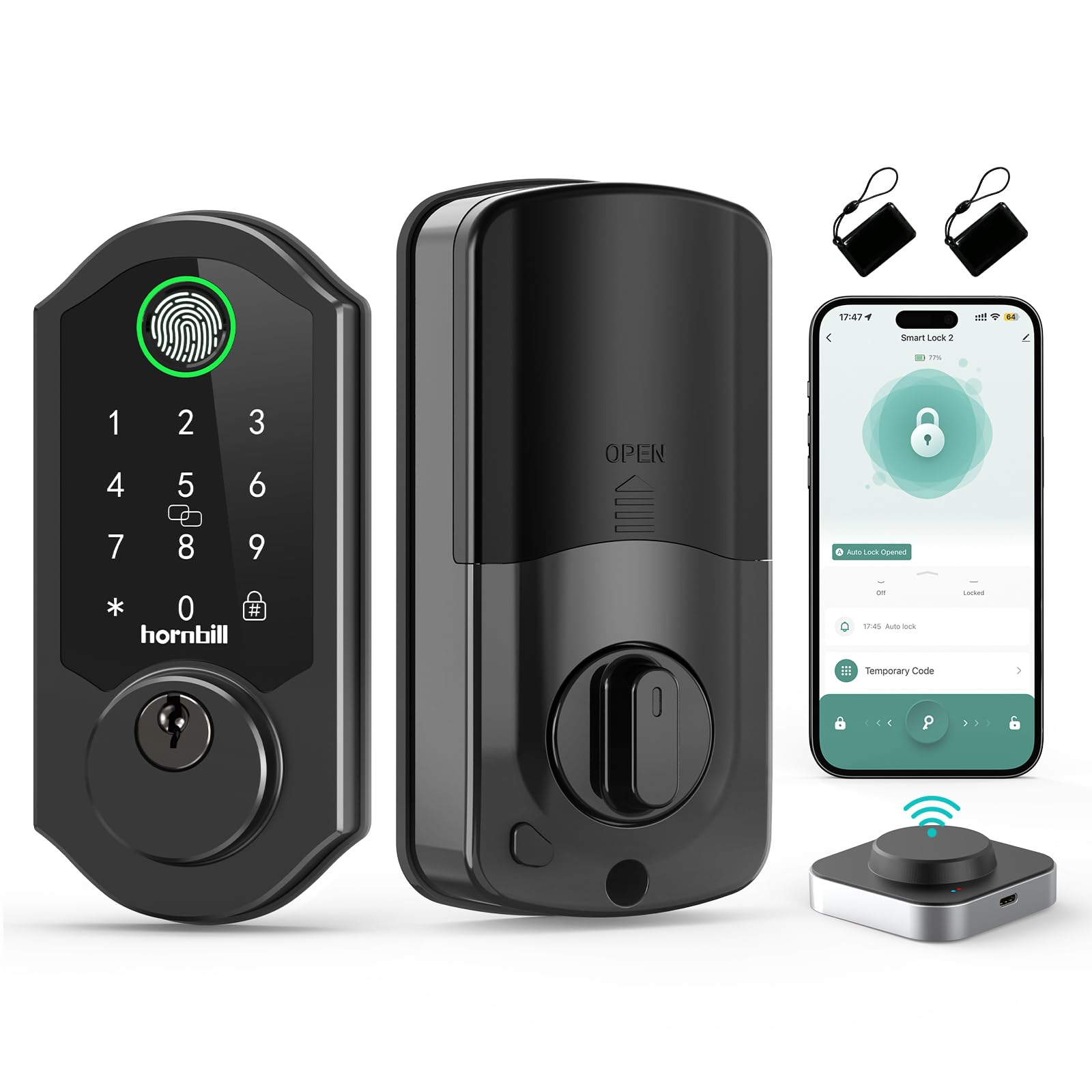Hornbill Smart Lock WiFi Deadbolt - Keyless Entry Front Door Lock with Fingerprint, Bluetooth & Alexa Compatibility | Remote Control via App, Auto Lock, Keyfob | Matte Black | Perfect for Home Security & Smart Home Automation