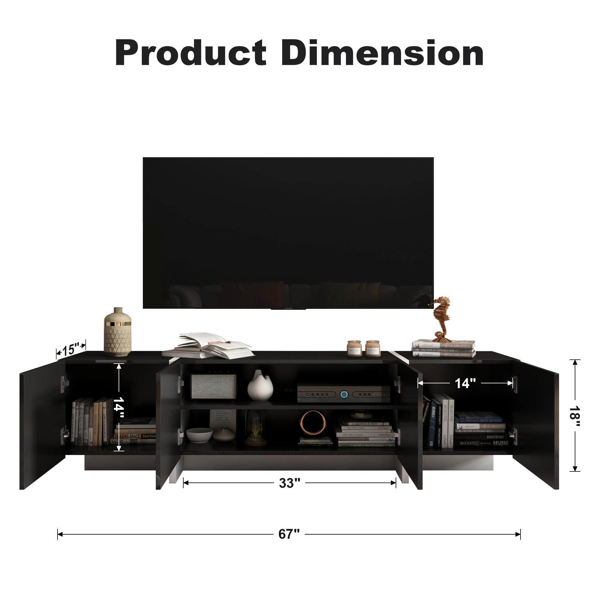 Modern TV Stand for 65 70 75 Inch TVs - Black Entertainment Center with Storage & Adjustable Hinge, Living Room TV Console Table - Perfect for Home Theater Setup & Family Entertainment Spaces