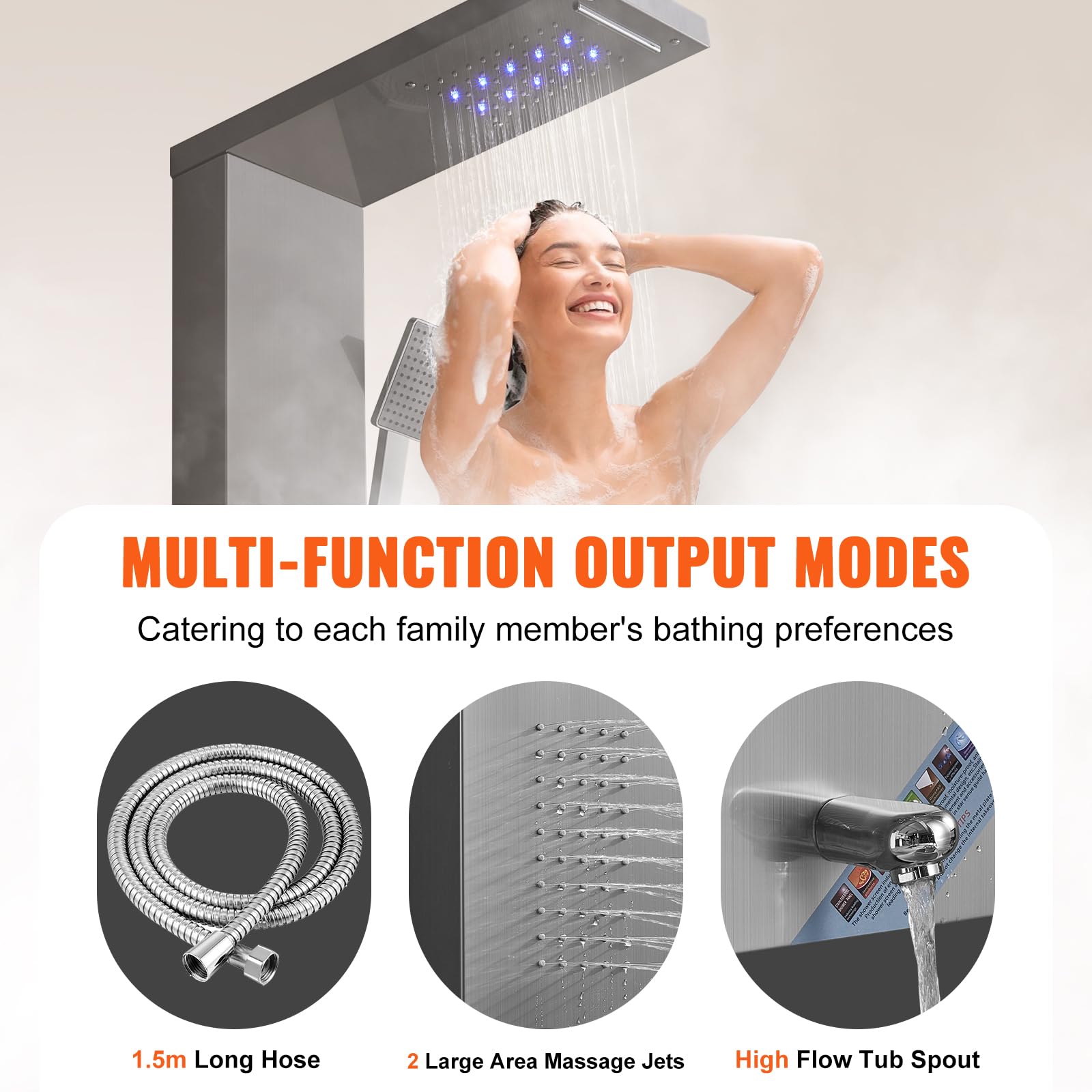 VEVOR Stainless Steel Shower Panel System with 5 Shower Modes - LED Rainfall Shower Head, Waterfall, 2 Body Massage Jets, Tub Spout & Handheld Shower with 59