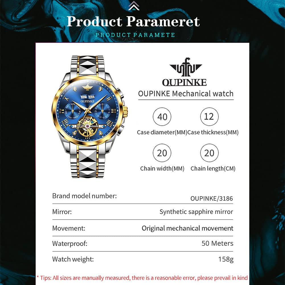 OLEVS Automatic Skeleton Men's Luxury Watch - Mechanical Self-Winding Sapphire Crystal Tungsten Steel Wristwatch - 50M Waterproof & Luminous - No Battery Needed - Perfect for Business, Formal Events & Everyday Wear