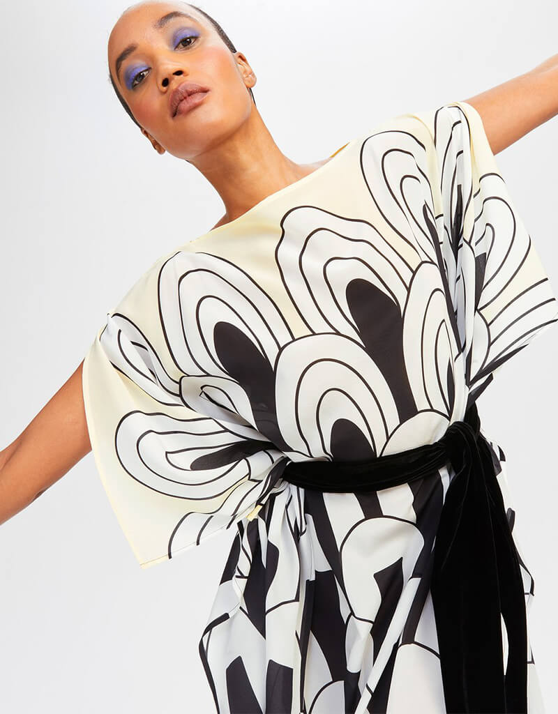 Luxury Black and White Silk Crepe Kaftan - Elegant Soft Flowy Women's Dress for Beach Cover Up, Resort Wear & Summer Evenings