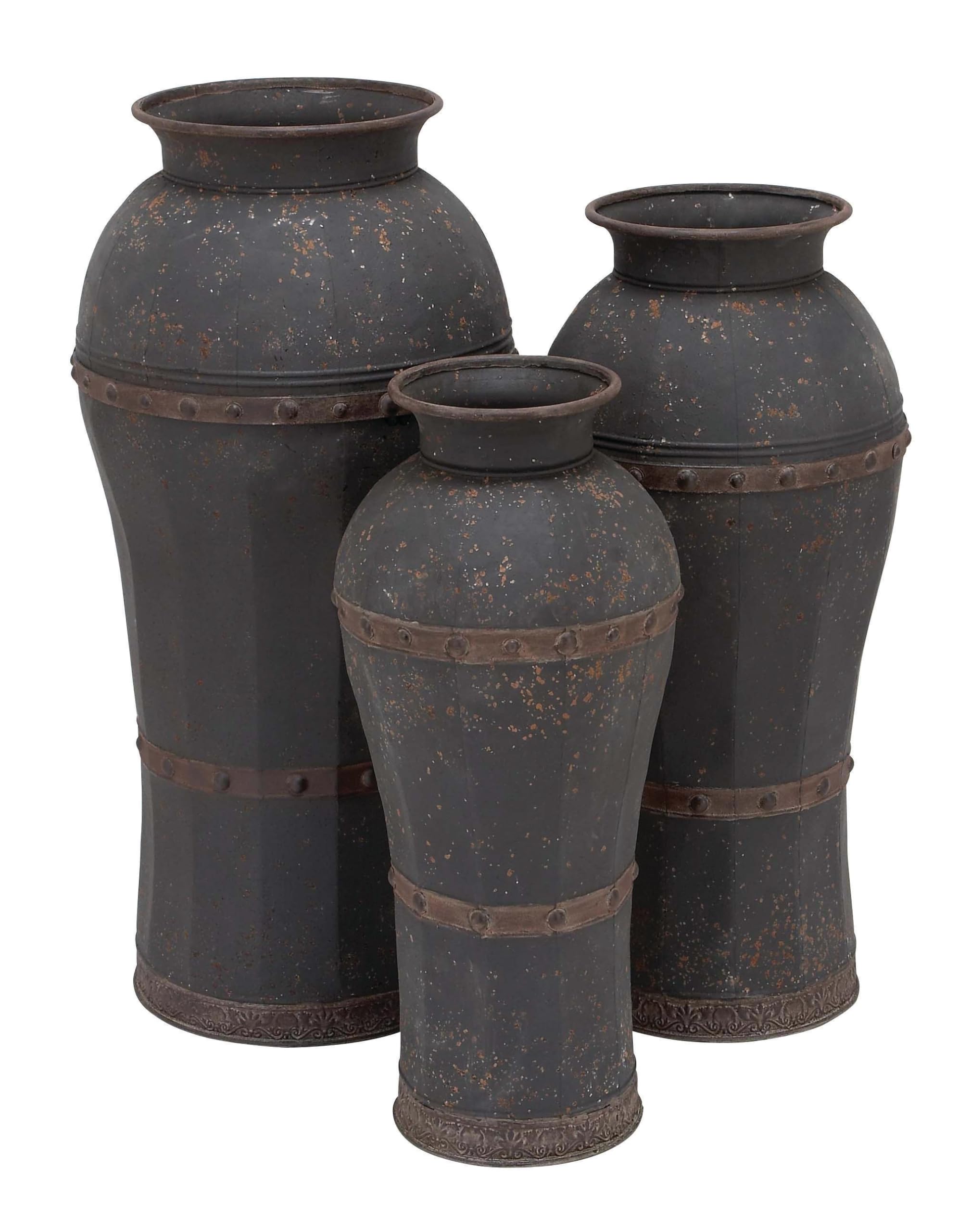 Deco 79 Rustic Metal Vase Set of 3 - Distressed Brown Centerpiece Vases with Rivet Details (37