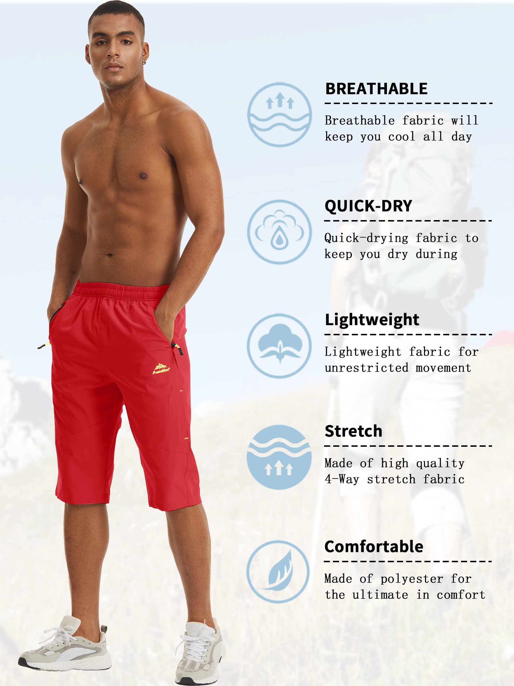 TACVASEN Men's Quick Dry Hiking 3/4 Long Capri Shorts - Athletic Workout Running Shorts with Zipper Pockets - Perfect for Outdoor Adventures, Gym & Travel