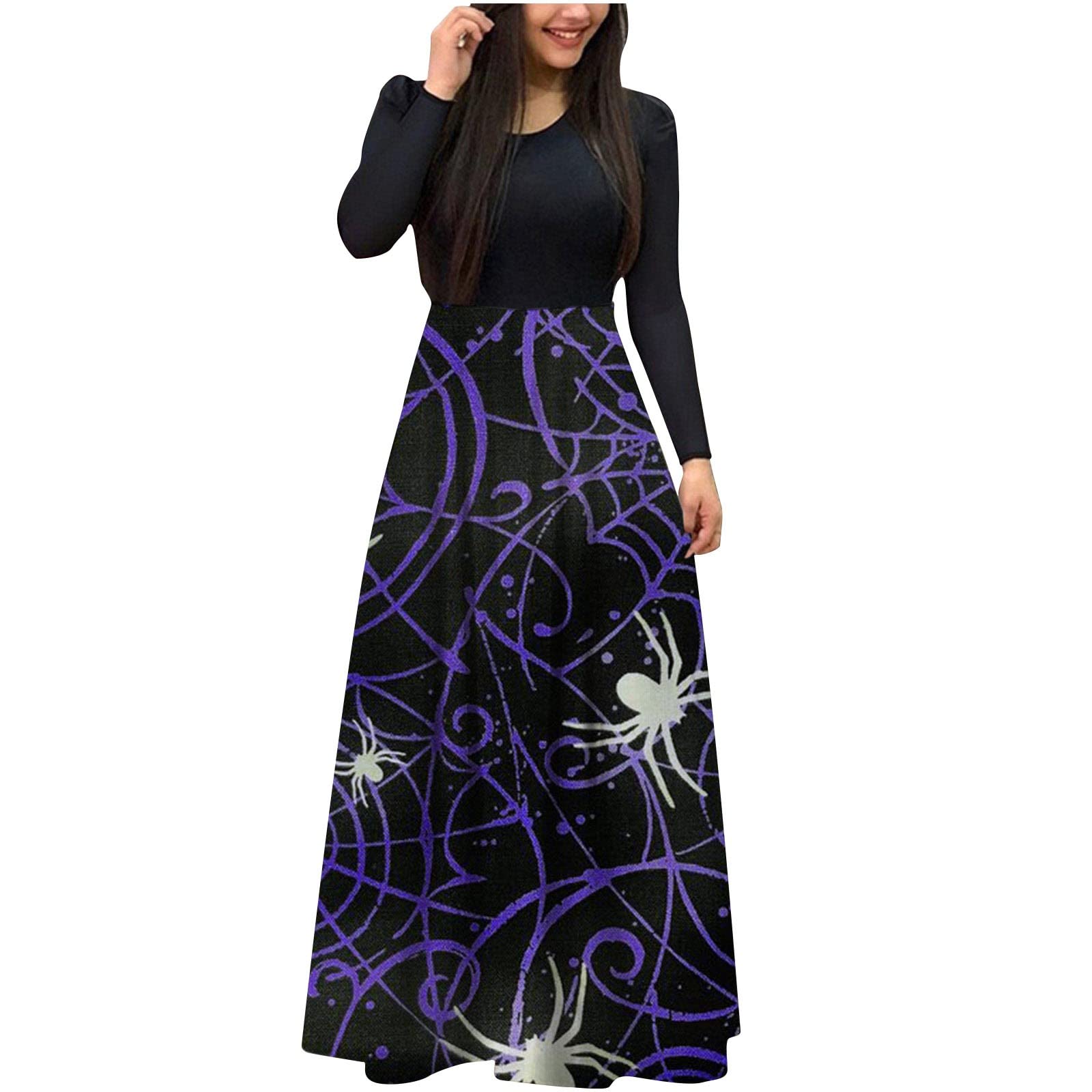 2022 Halloween Costume Dress for Women - Vintage Pumpkin Skull Print Short Sleeve Party Maxi Dress with Crewneck | Perfect for Halloween Parties, Cosplay & Themed Events