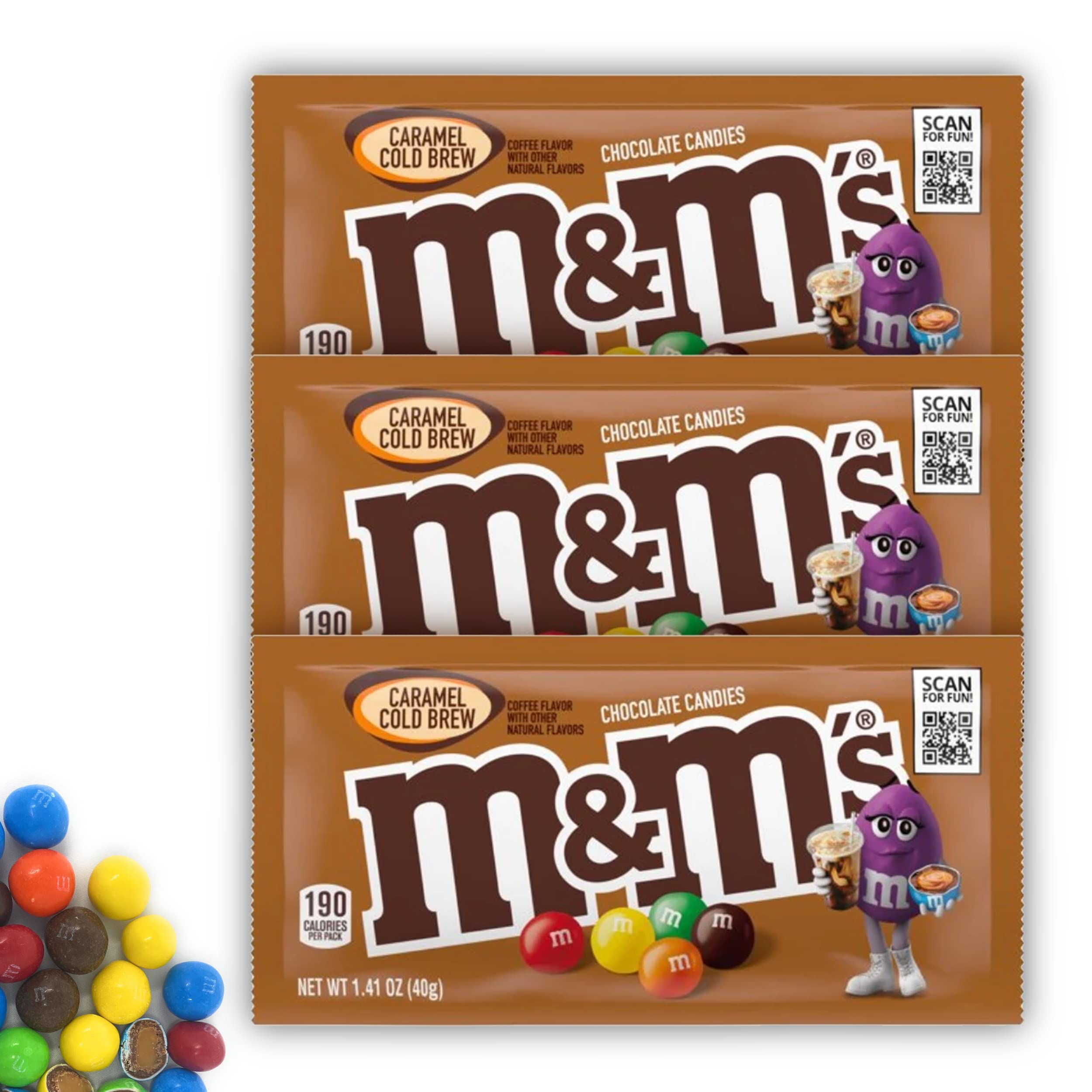 M&Ms Caramel Cold Brew Coffee Candy - Pack of 3 (1.41 oz each) - Milk Chocolate with Cold Brew Coffee Caramel Flavor - Assorted Colors (Red, Yellow, Green, Orange, Brown) - Perfect for Office Snacks, Movie Nights & Coffee Lover Gifts
