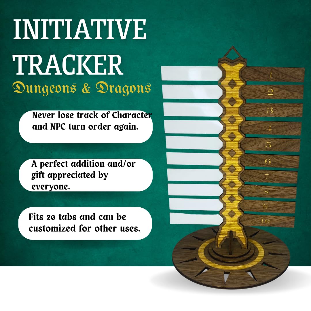 DND Dungeons & Dragons Initiative Tracker | Wooden Laser-Cut RPG Turn Counter with 20 Tabs | Tabletop Game Accessory for Combat Tracking | Made in USA | Perfect for D&D 5e Campaigns and RPG Sessions