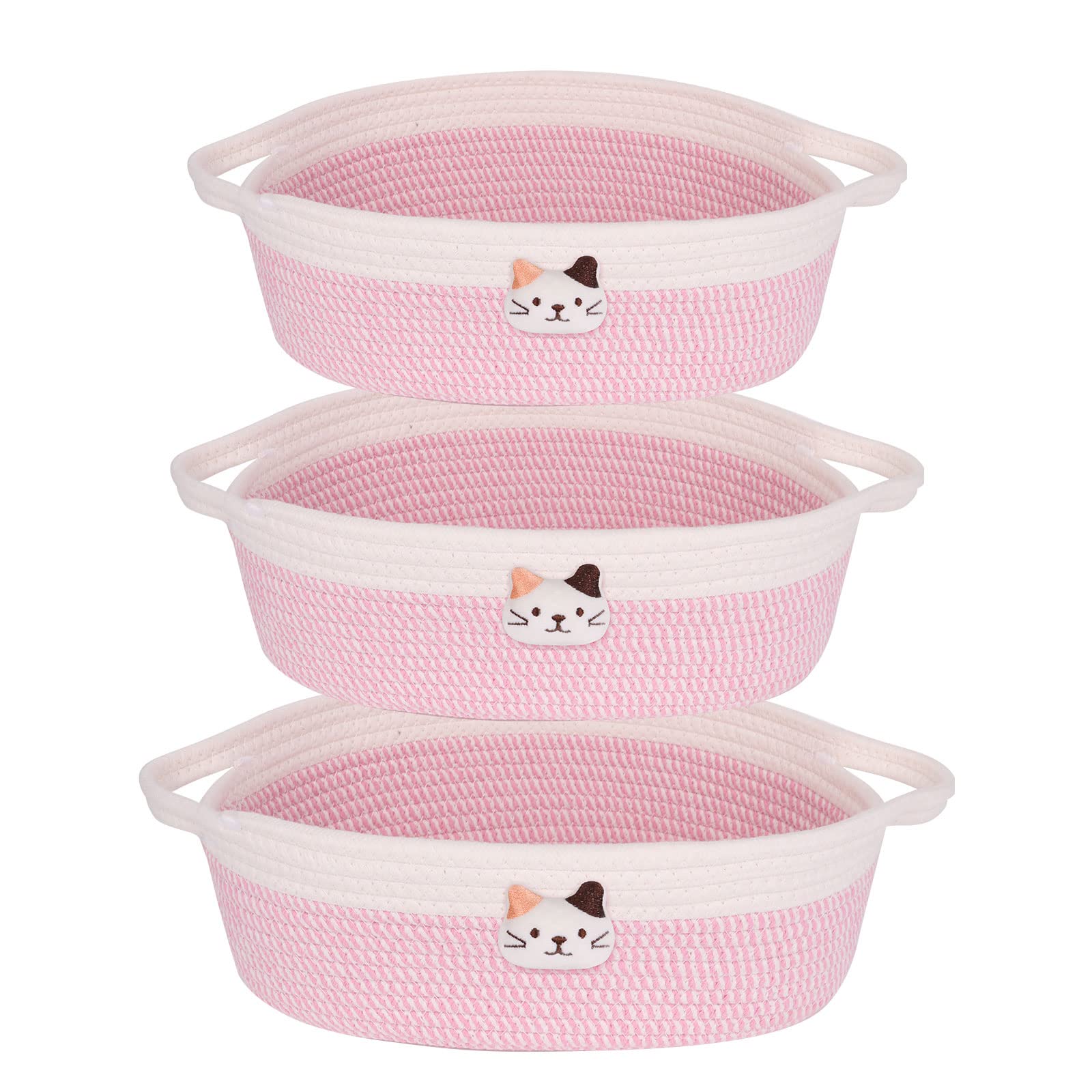 Organic Cotton Rope Storage Baskets with Handles - 3 Pack Pink Woven Cube Bins for Baby Laundry, Toy & Blanket Organization | Nursery, Closet & Shelf Storage Solutions