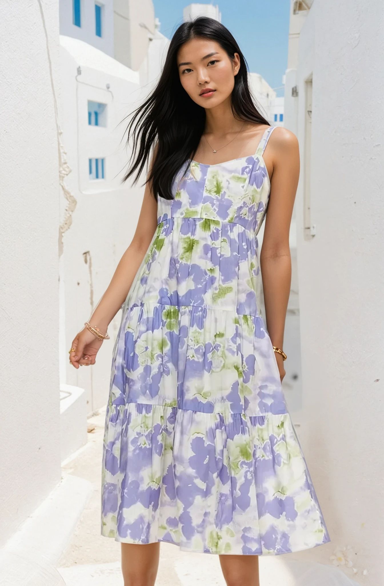 Blue Floral Adjustable Strap Summer Midi Dress - Women's Flowy Casual Sundress for Beach, Vacation & Outdoor Activities