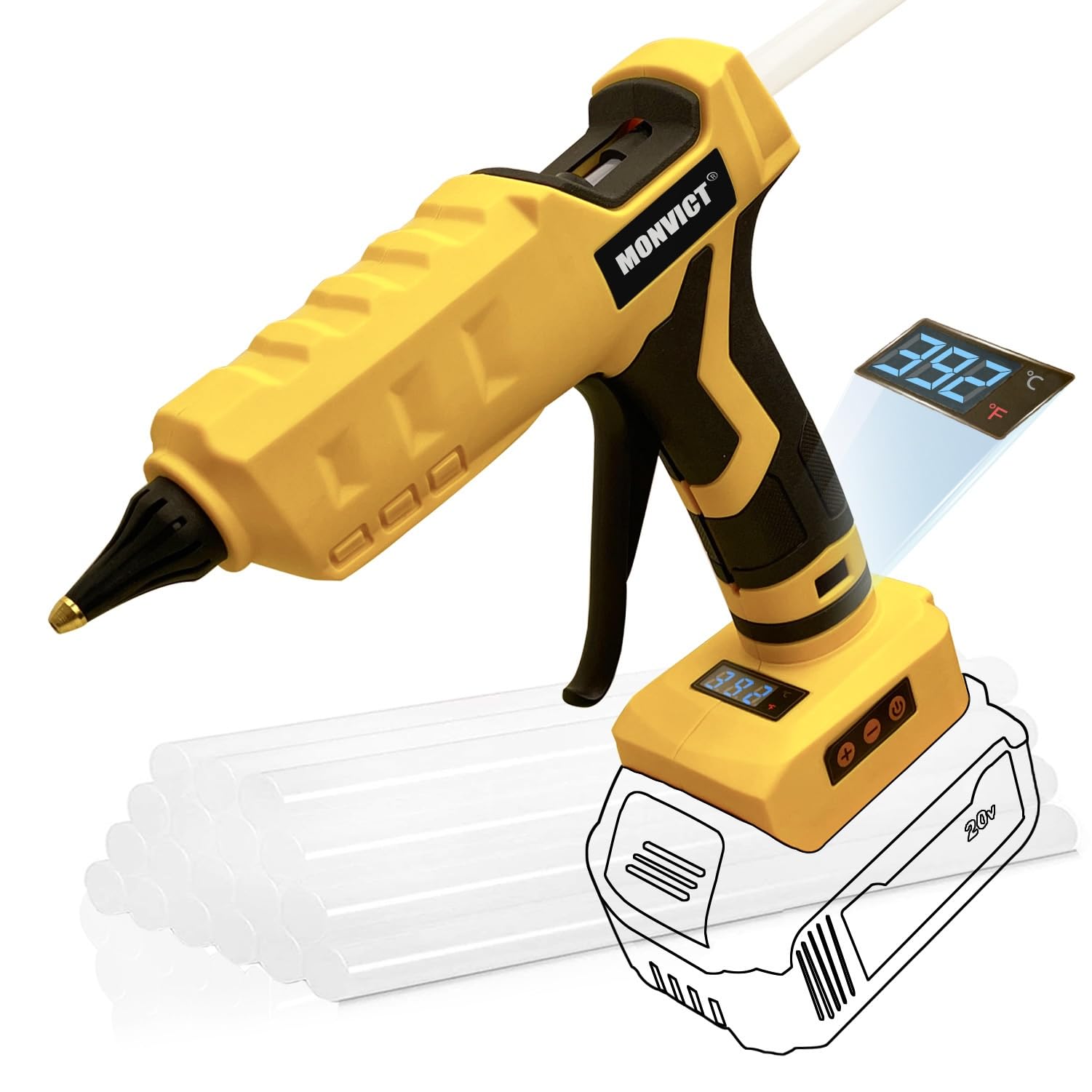 MONVICT 20V Cordless Hot Glue Gun for Dewalt Batteries - 100W Heavy Duty Electric Glue Gun with Digital Temperature Control, Includes 10 Glue Sticks (Battery Not Included) - Perfect for DIY Crafts, Home Repairs, and Woodworking Projects