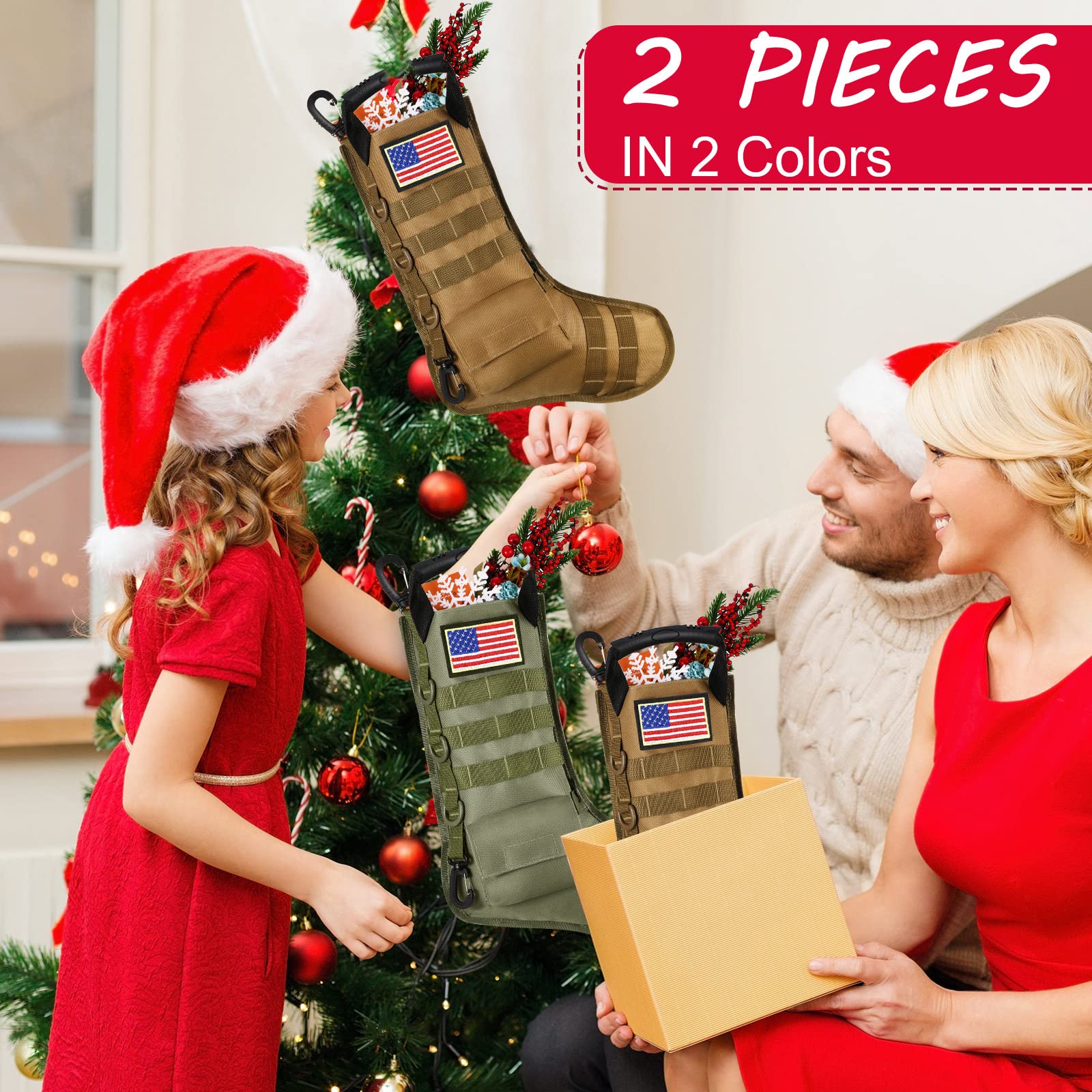 WILLBOND 2 Pack Tactical Military Christmas Stockings with American Flag Patches - MOLLE Compatible Gear Pouch for Holiday Decorations, Xmas Tree Ornaments & Home Decor (Bright Style) - Perfect for Military-Themed Christmas, Soldier Gifts & Patriotic Holiday Decor
