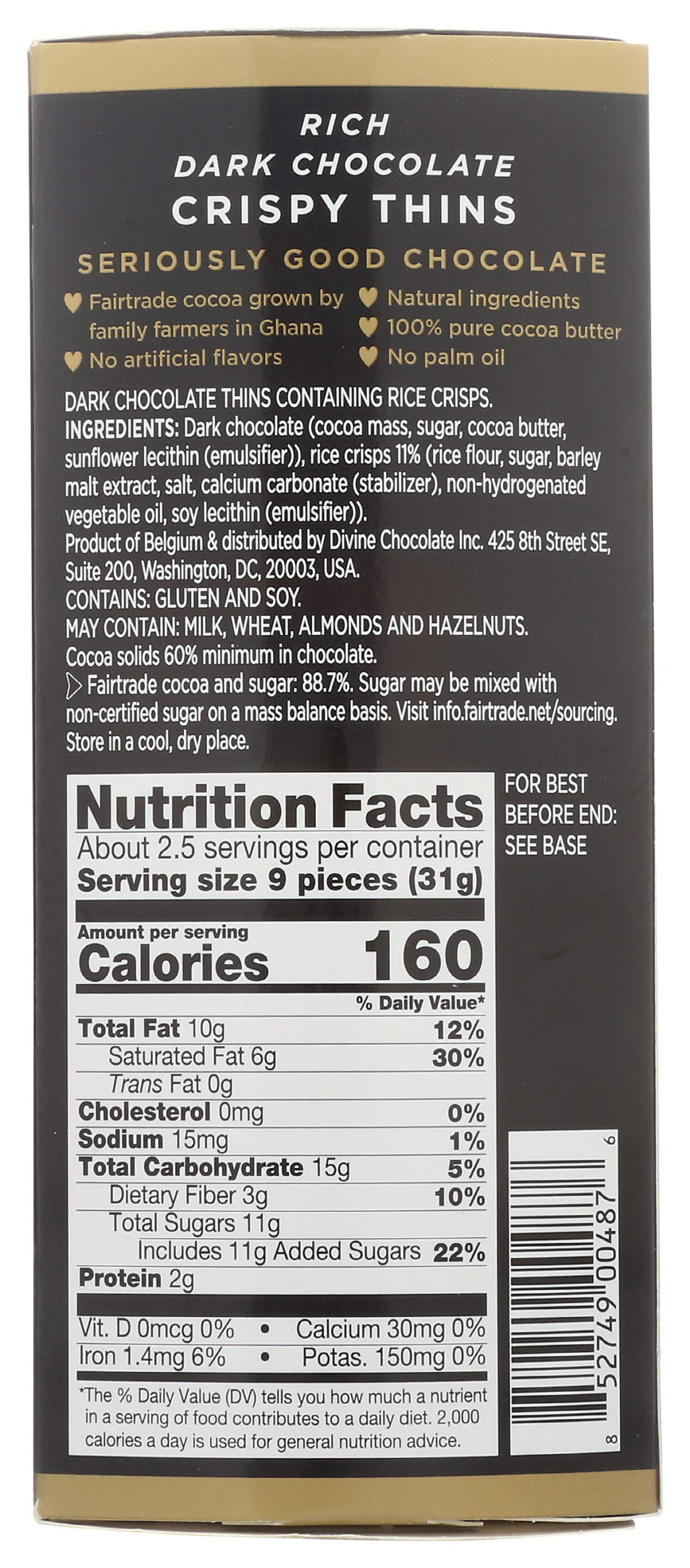 Divine Chocolate - Premium Fair Trade Dark Chocolate Crispy Thins, 2.8oz (Pack of 12) - Gourmet Snacks for Gifting, Parties & Dessert Platters
