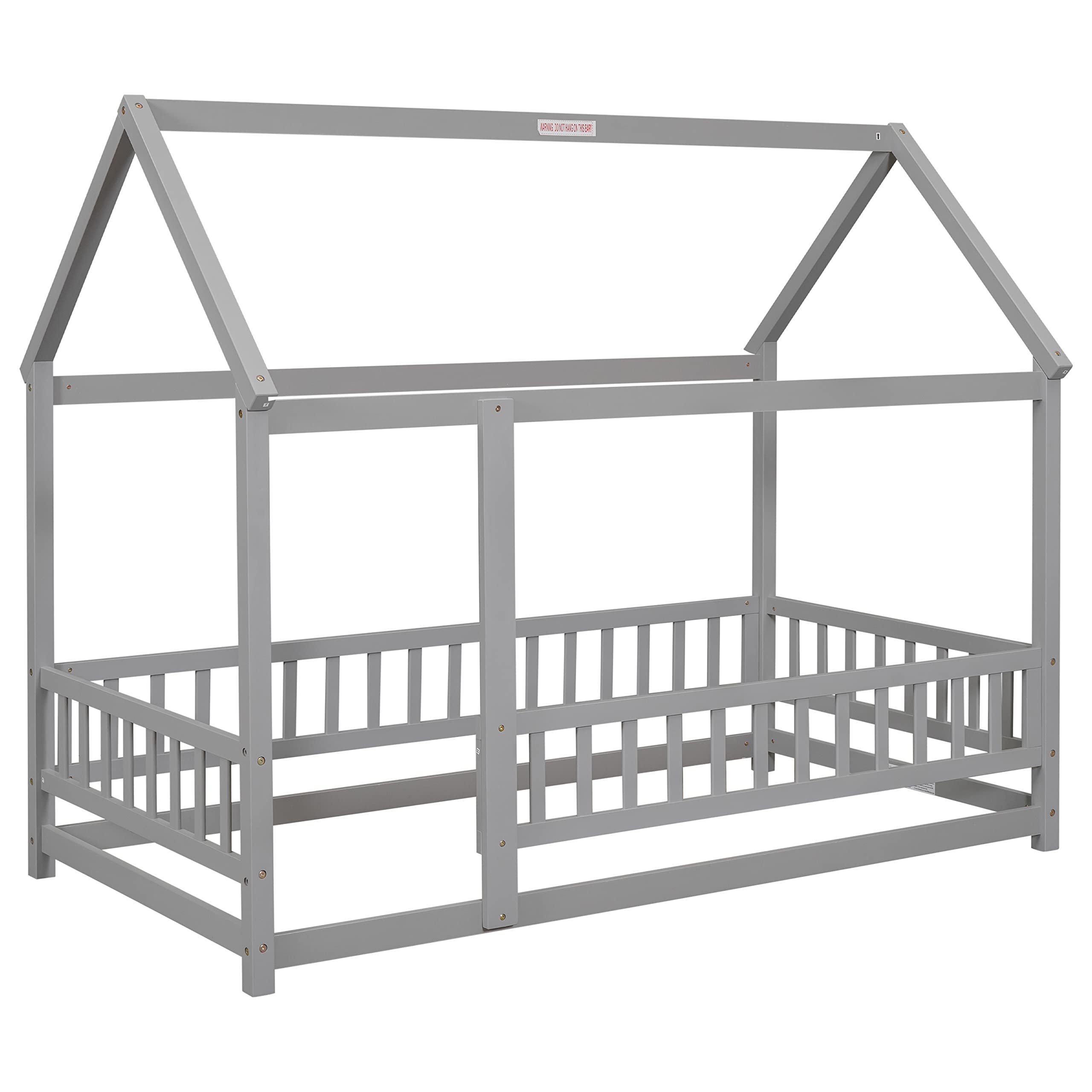 **Wooden Twin House Bed Frame for Kids with Fence & Door - No Box Spring Needed (Gray) - Perfect for Bedrooms, Playrooms & Themed Decor**