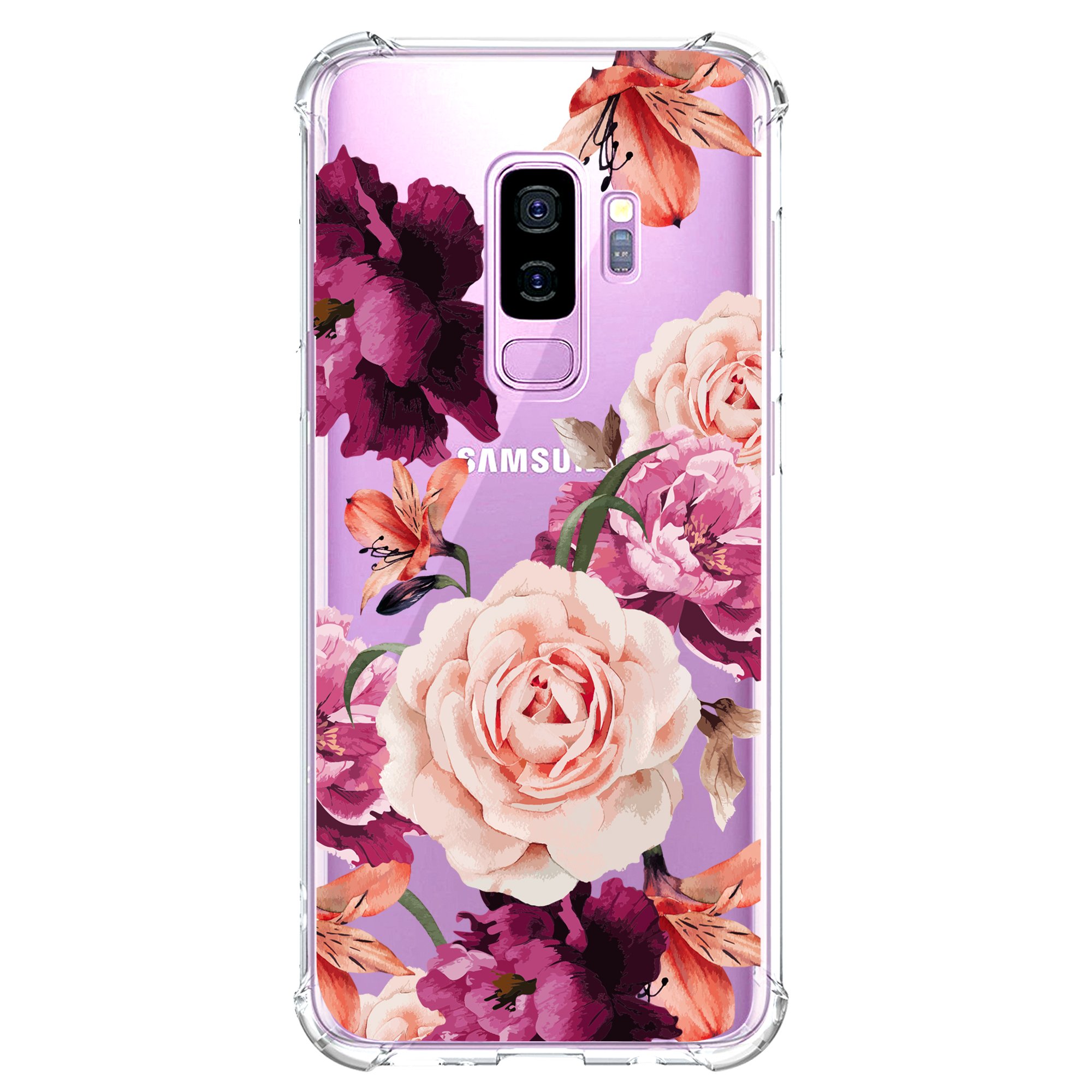 Samsung Galaxy S9 Plus Case for Women - Clear Shockproof Phone Cover with Red Floral Design, Slim Fit Soft TPU Protective Case for Galaxy S9 Plus 6.2 Inch (Perfect for Everyday Use, Work & Travel)