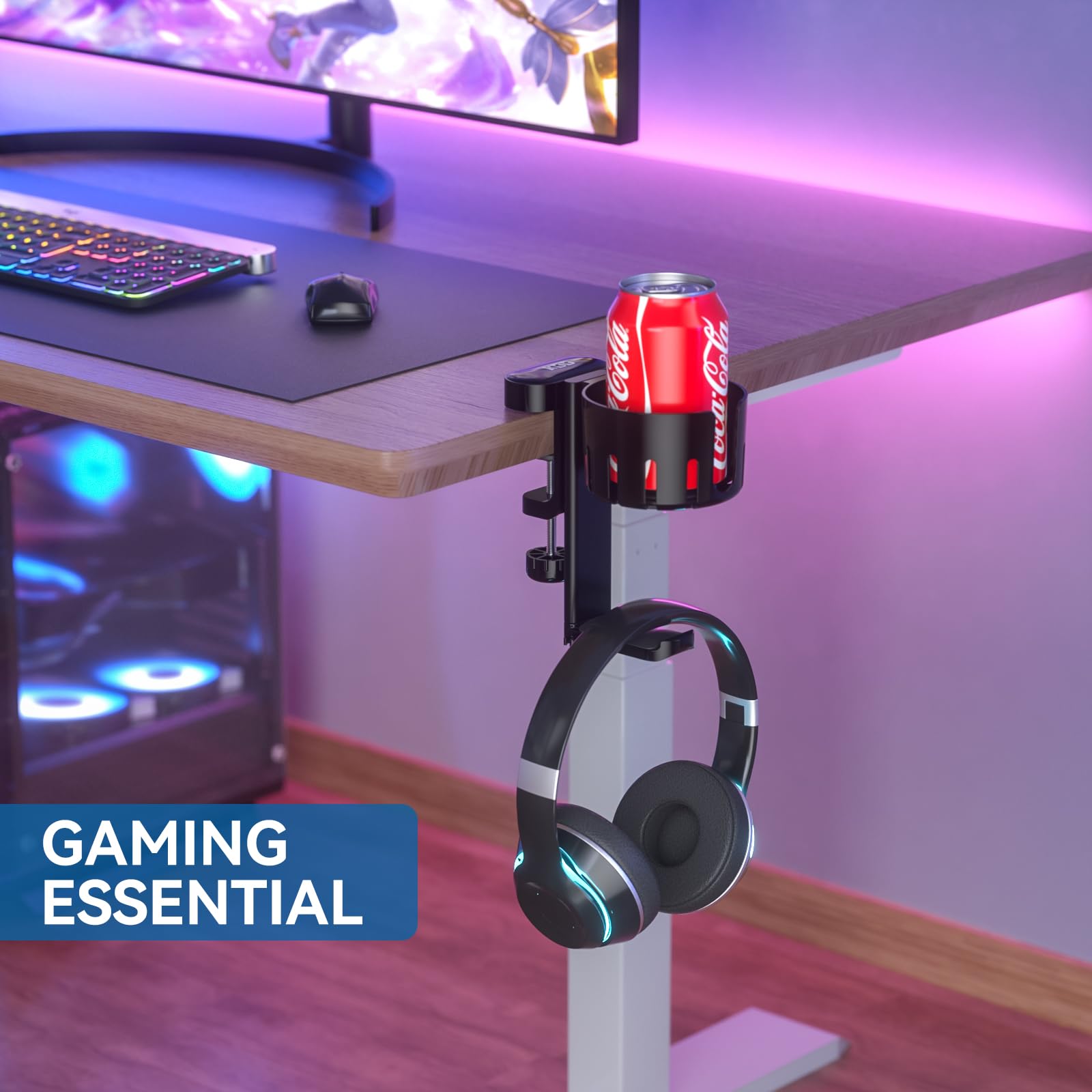 KDD 2-in-1 Rotatable Under Desk Headphone Hanger with Cup Holder - Space Saving Headset Stand for Gaming, Office & Home Use - Holds Coffee Mugs, Water Bottles & Headphones (Black)