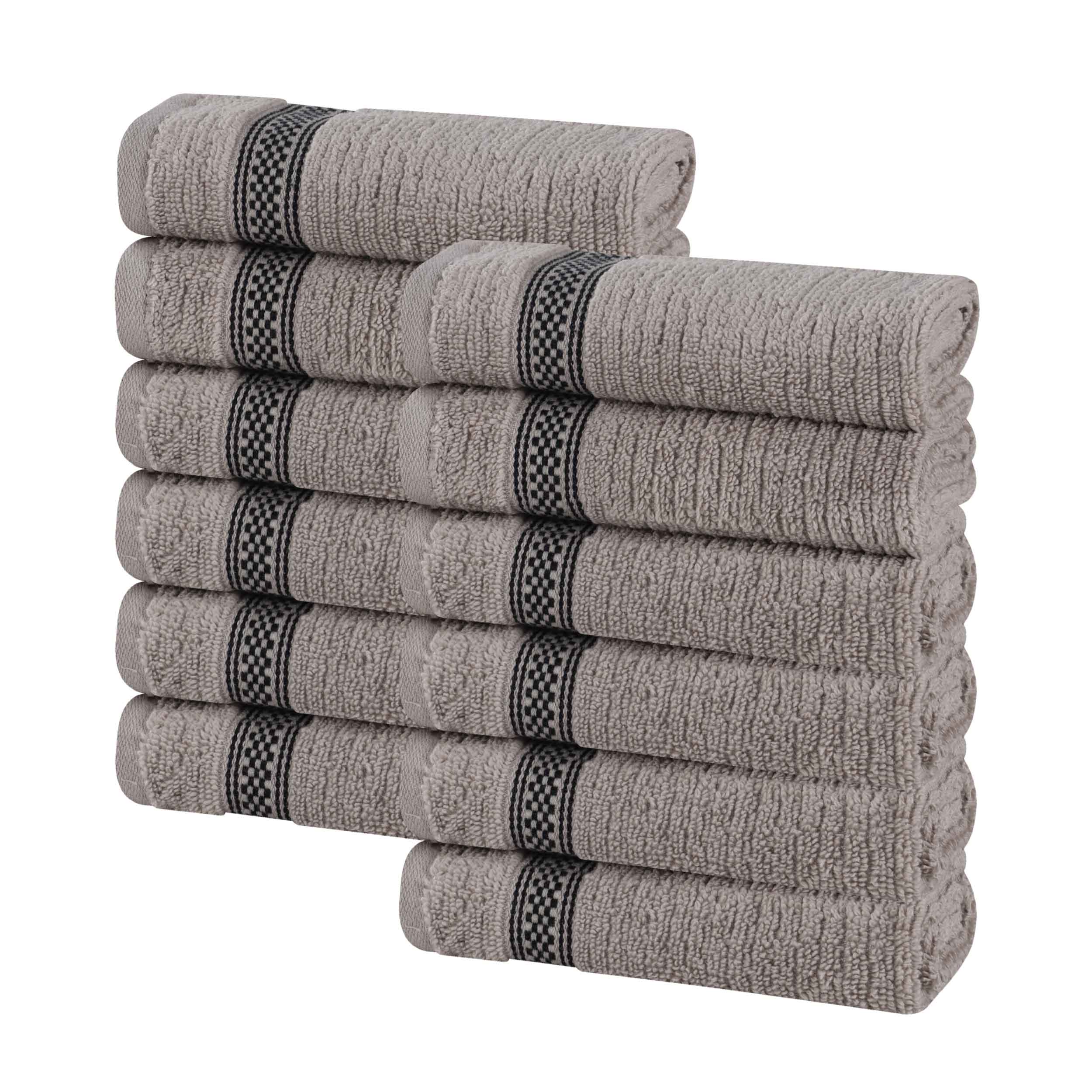 12-Pack Zero Twist Cotton Ribbed Geometric Border Plush Face Towels | Ultra Soft Bath & Hand Towels for Spa, Gym, Travel & Home Use