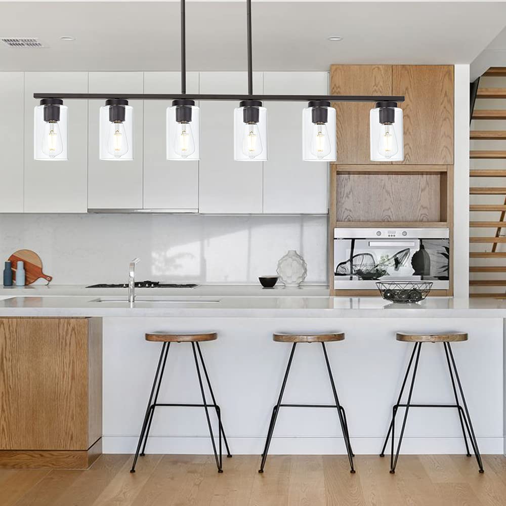 6-Light Farmhouse Pendant Lighting Fixture - Clear Glass Kitchen Island Chandelier in Oil Rubbed Bronze for Dining Room, Cafe & Bar | Perfect for Modern Farmhouse, Industrial & Rustic Home Decor