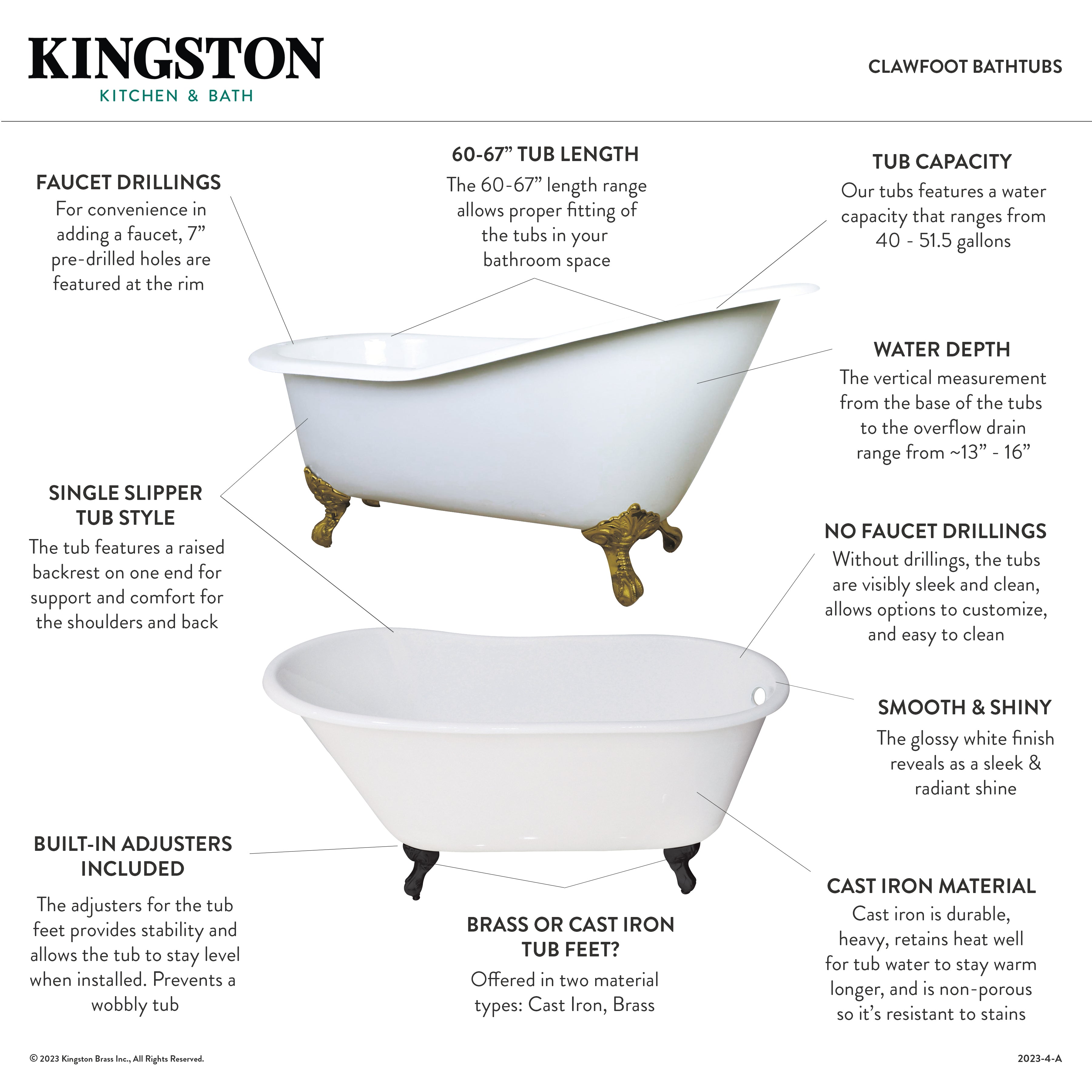 Aqua Eden 67 Inch White Matte Black Cast Iron Oval Single Slipper Clawfoot Bathtub with 7 Inch Faucet Drillings - Vintage Freestanding Soaking Tub for Luxury Bathroom & Spa Retreat