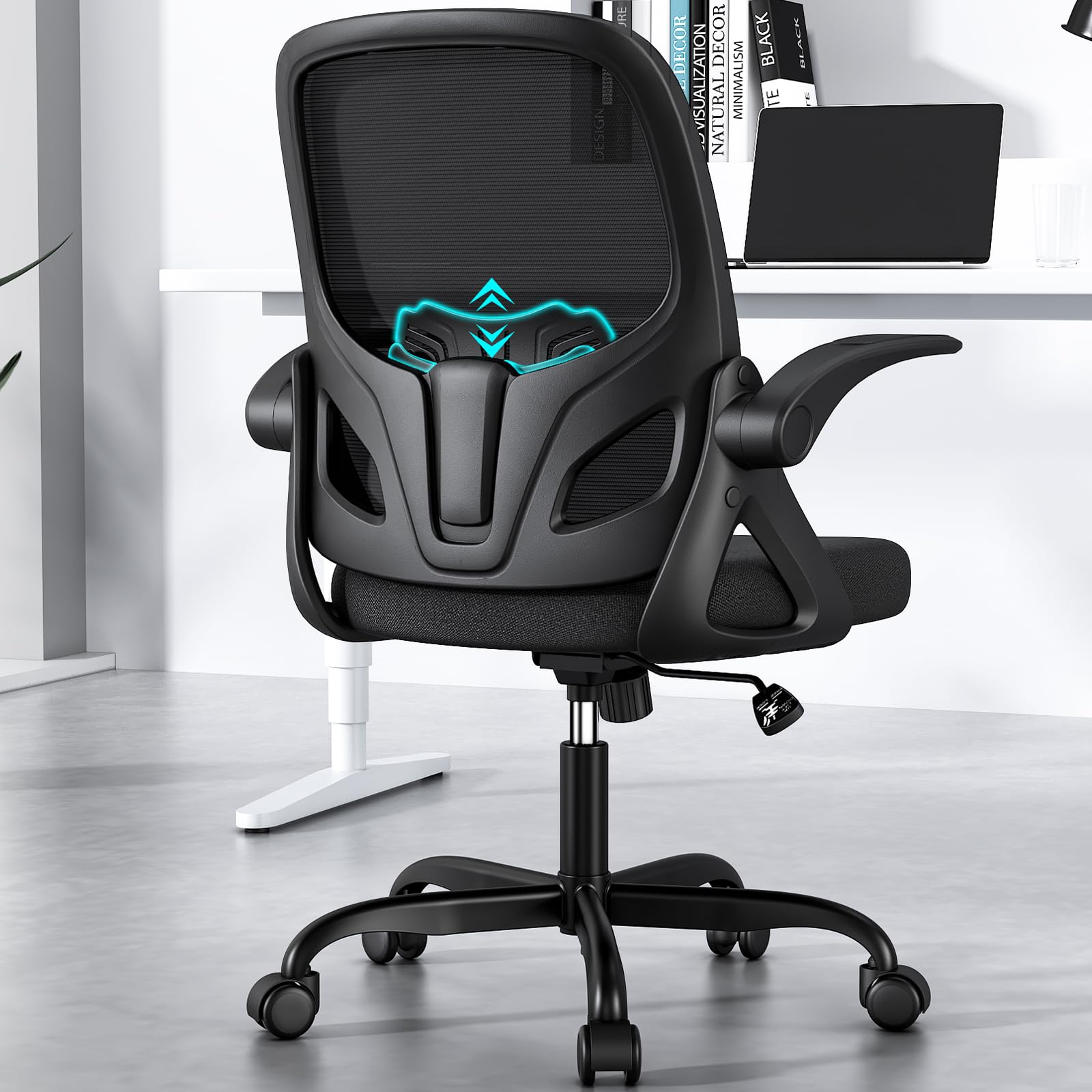 Ergonomic Home Office Chair with Lumbar Support & Breathable Mesh - Adjustable Flip-Up Arms, Modern Desk Chair for Work & Study - Perfect for Home Office, Gaming & Remote Work (Black)
