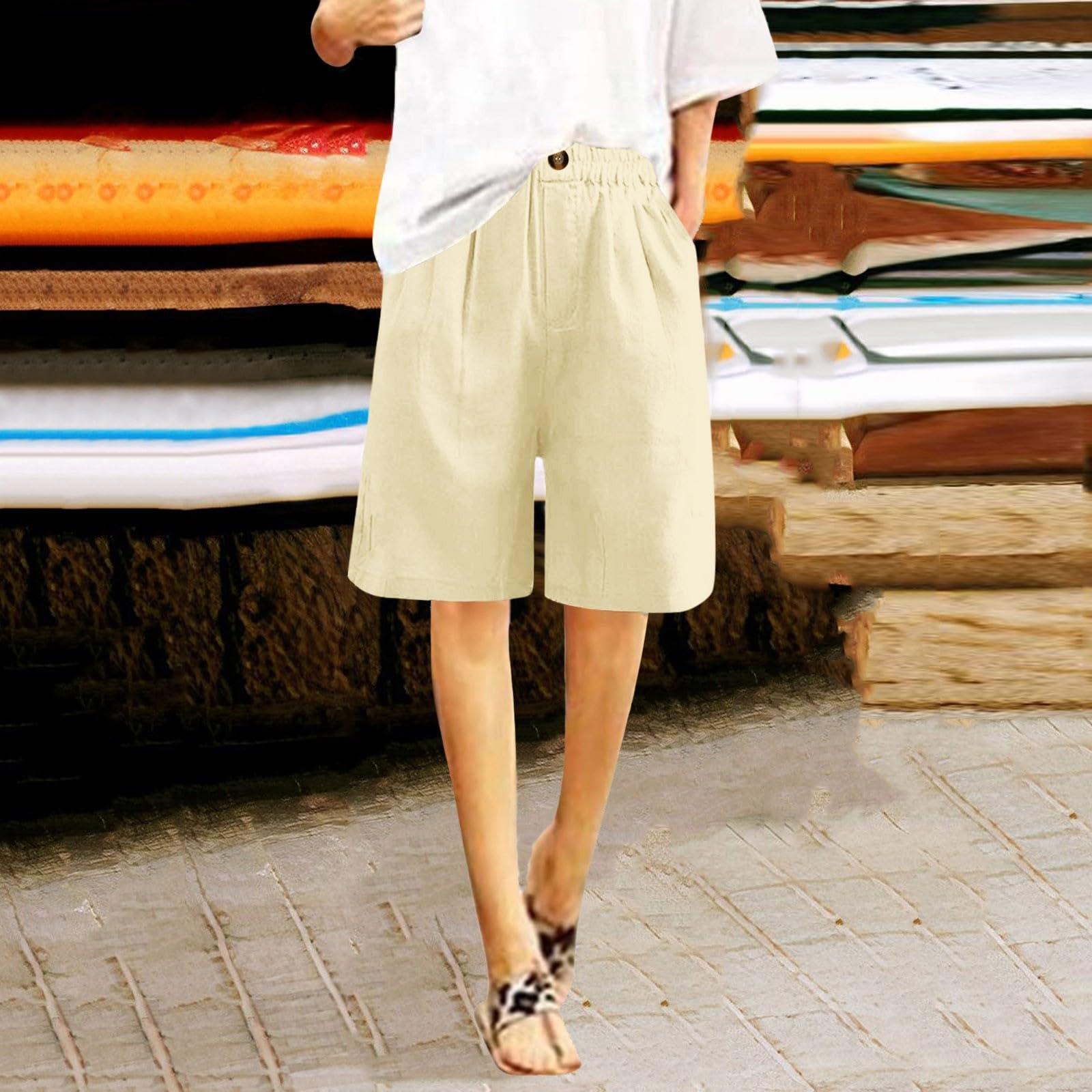 Women's Linen Bermuda Shorts - Knee-Length Cotton Summer Pants for Casual Outings