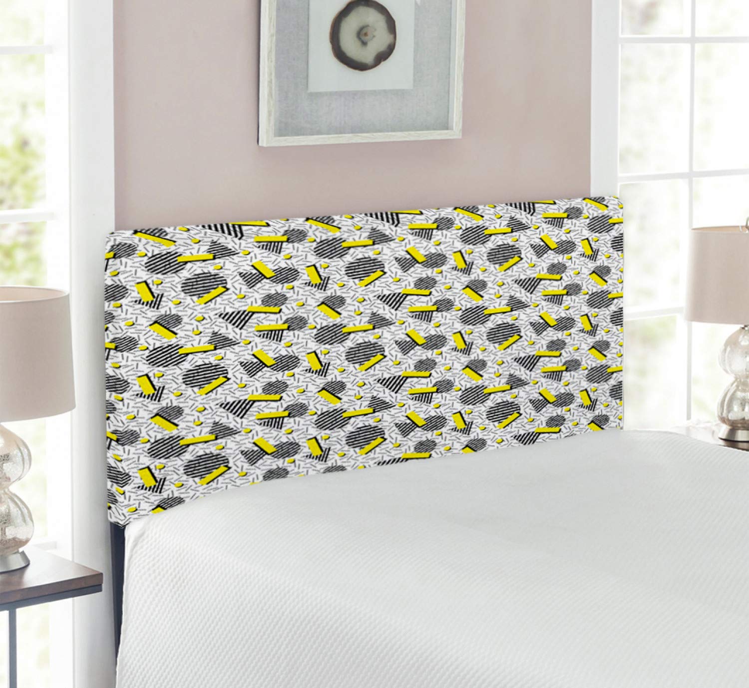 Ambesonne Geometric Upholstered Headboard - Vintage Line Art with Circle Triangles & Chevron Zigzags - Twin Size Yellow Black White Memory Foam Bed Headboard - Perfect for Modern Bedrooms, Guest Rooms & Dorm Decor