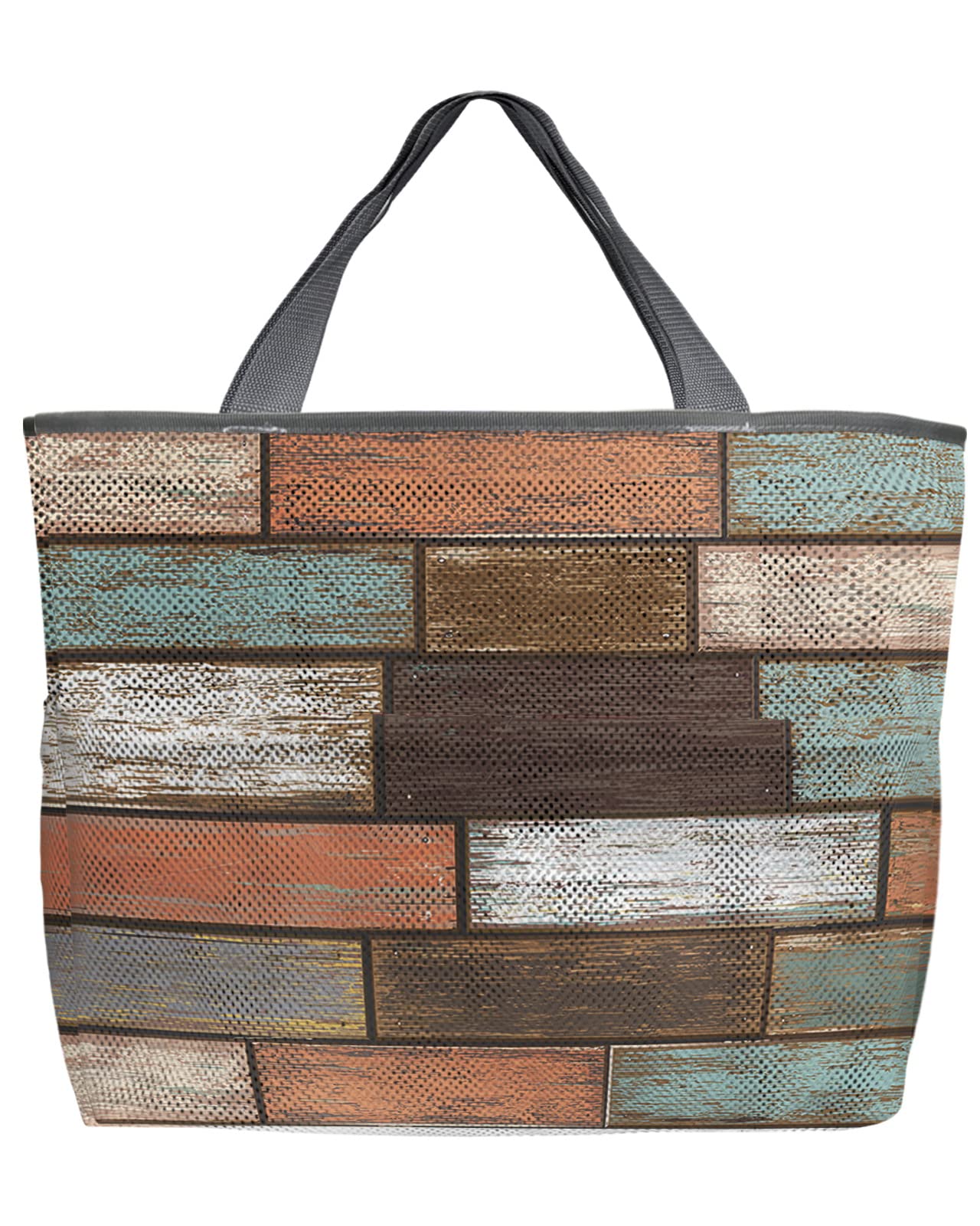 Vintage Wood Grain Mesh Beach Tote Bag - 60L Oversized Quick-Dry Swim Bag with Pockets | Foldable Lightweight Storage Net for Pool, Grocery Shopping & Travel | 24x18x8 Inches - Perfect for Beach Days, Summer Vacations & Water Activities