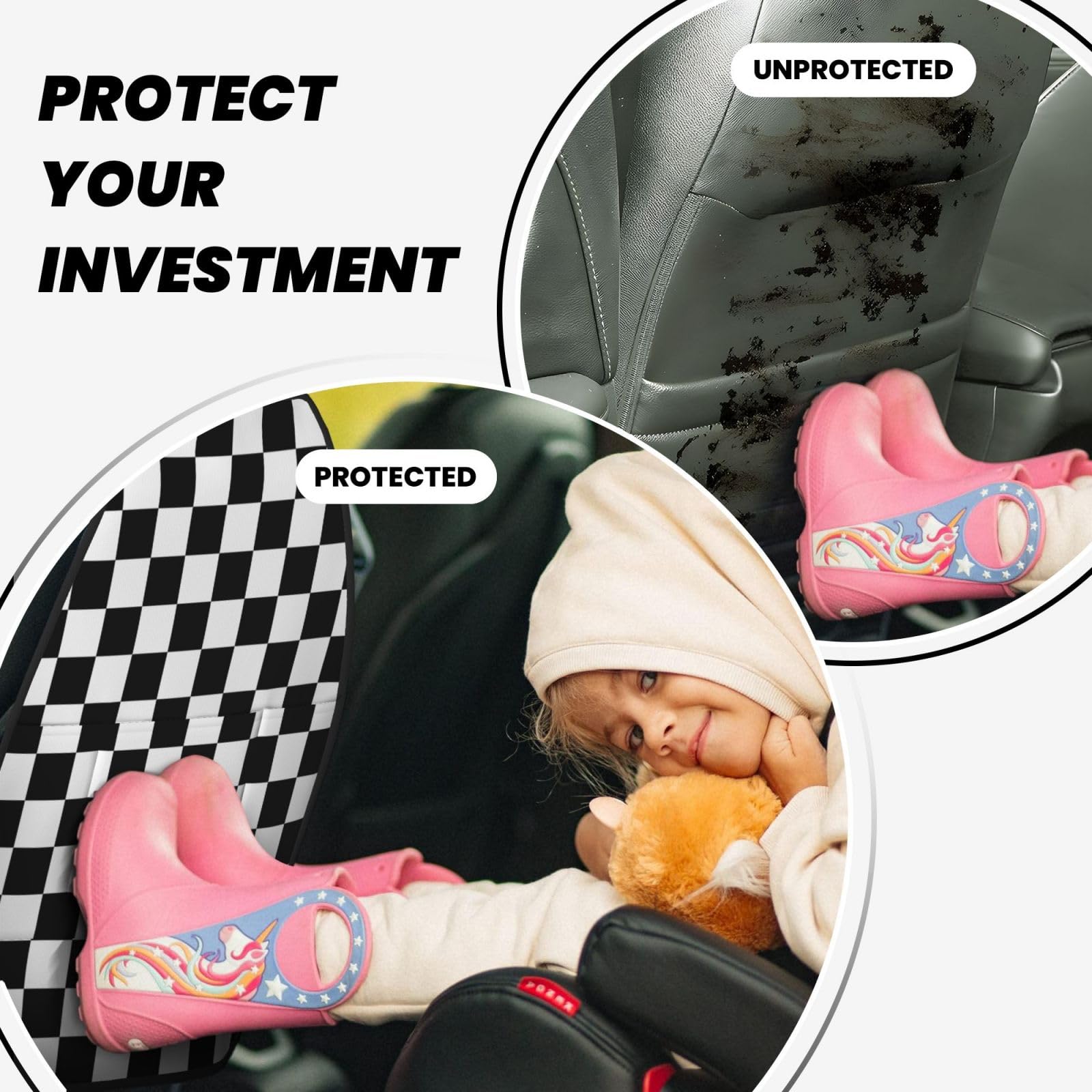 Black & White Checkered Car Seat Back Kick Protectors - 2 Pack with Storage Pockets | Durable Car Accessories for Kids | Perfect for SUVs, Minivans & Family Vehicles (Model A-100)