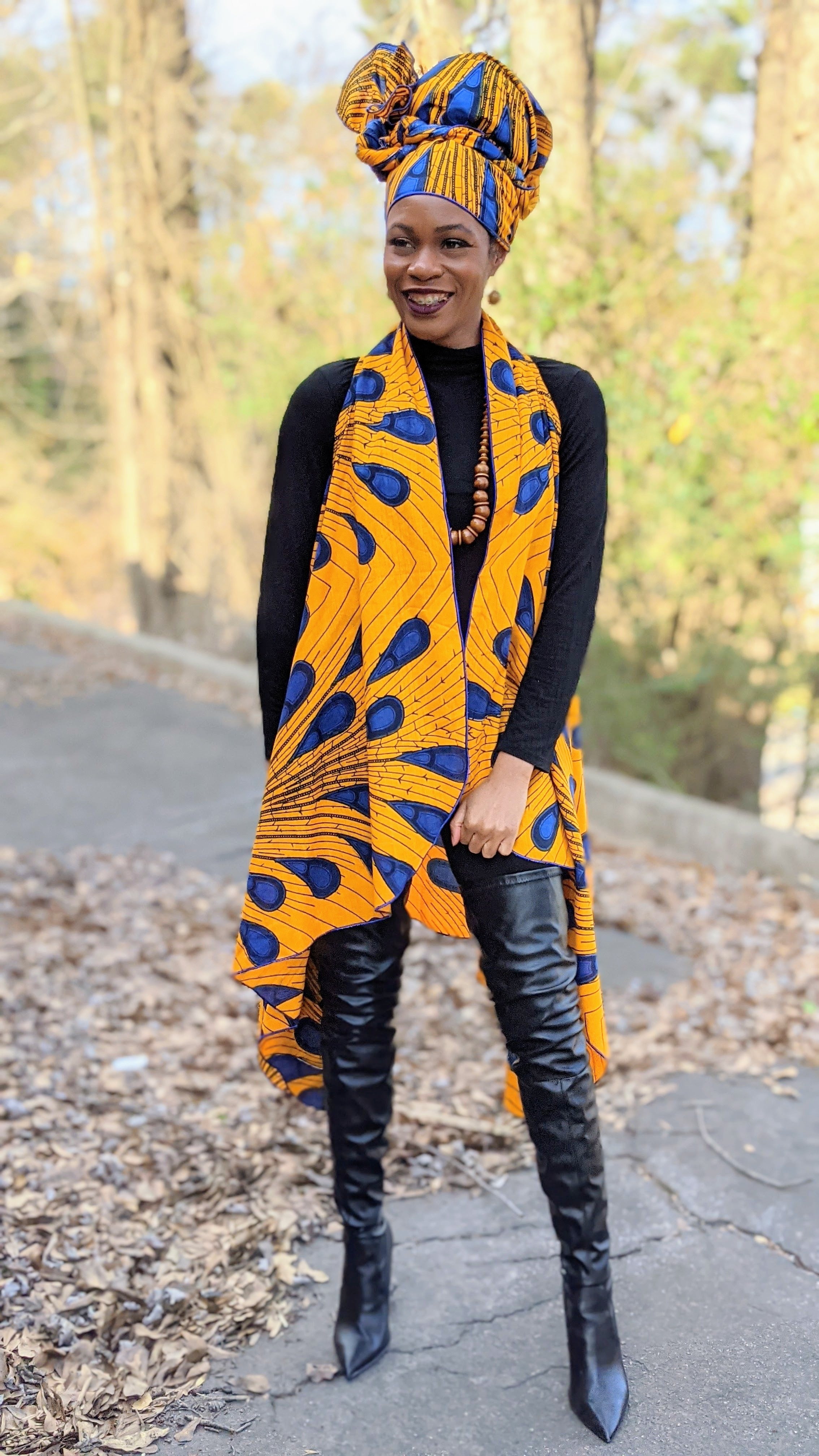 Ekaette Orange & Blue African Print Vest Shawl for Women - Stylish Wrap Scarf for Parties, Weddings & Cultural Events | DPP3816SH