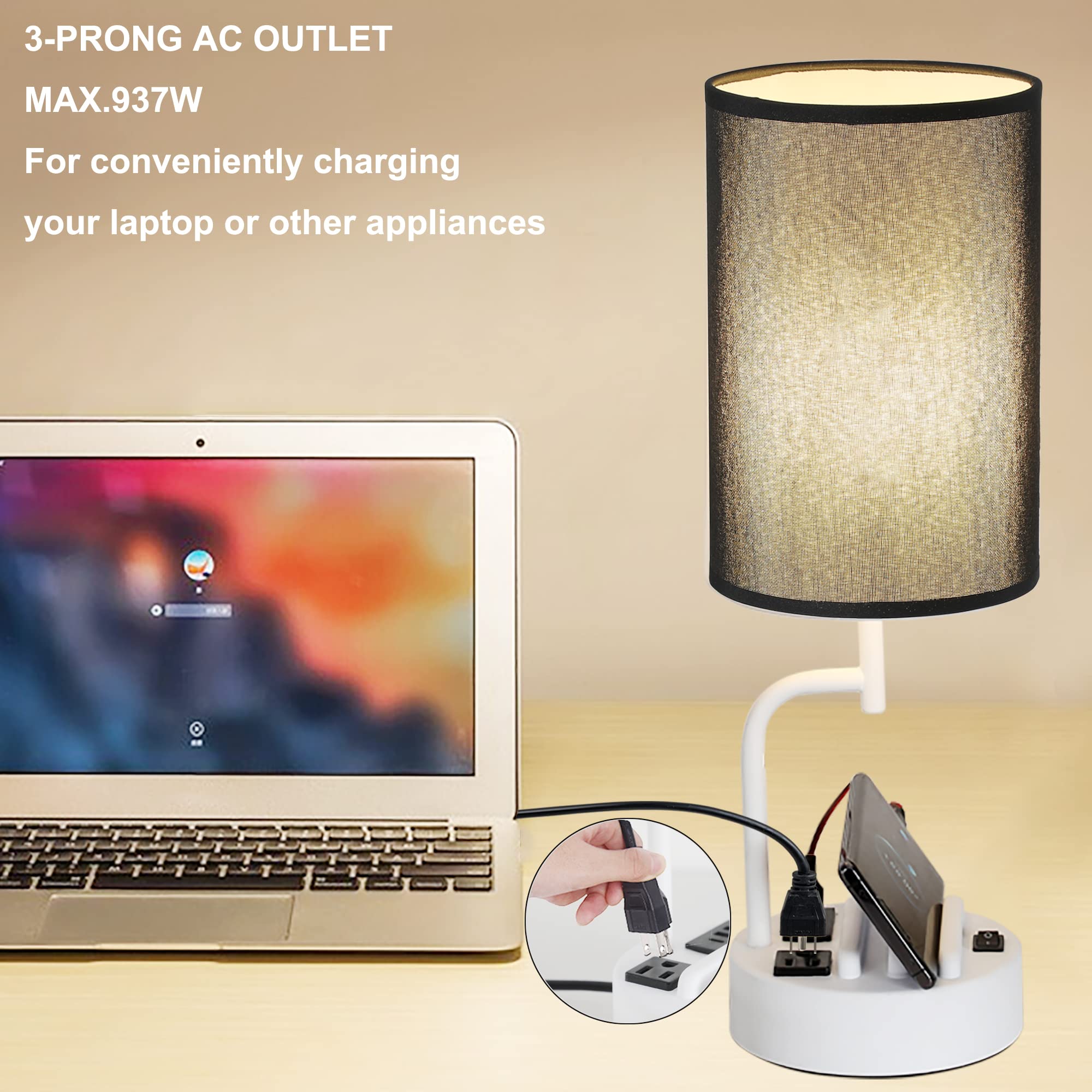 Dreamholder Modern Table Lamp with 3 USB Ports & AC Outlet - Dual Phone Stands, Adjustable Brightness Night Light for Bedroom, Living Room, Office - Set of 2 (White & Black) | Perfect for Charging Devices, Reading & Home Decor