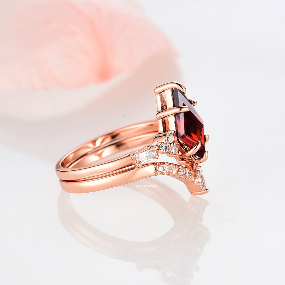 14K Rose Gold Vermeil Red Garnet Engagement Ring Set - Elegant Wedding & Promise Jewelry for Women