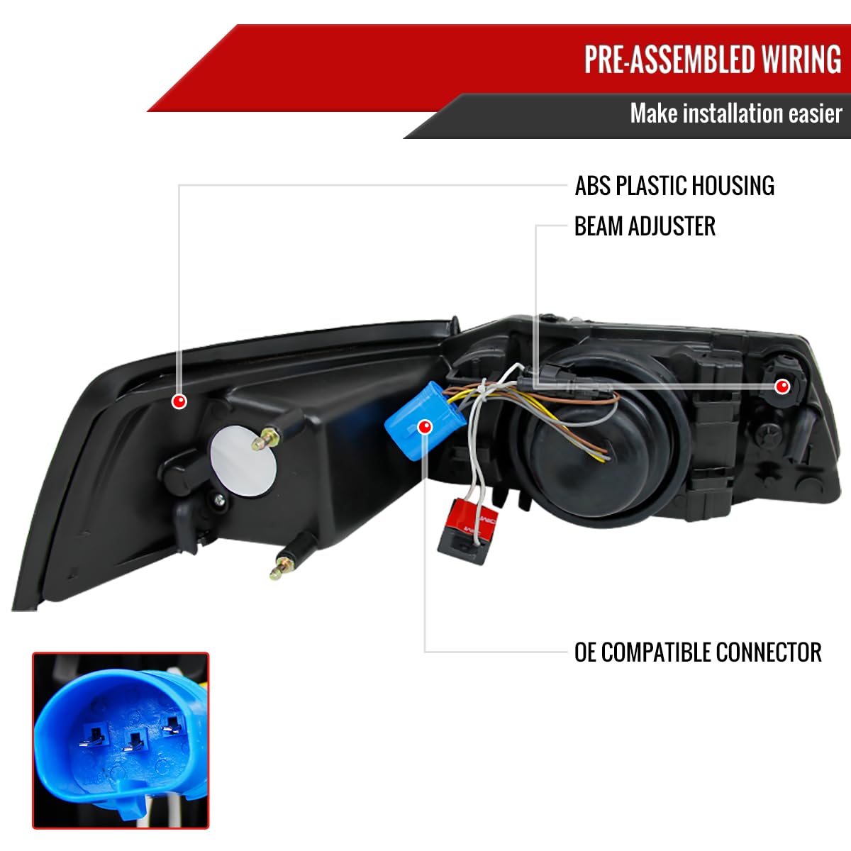 99-04 Ford Mustang Black Retrofit Projector Headlights - High Performance LED Headlamps Pair for Improved Night Driving & Style Upgrade